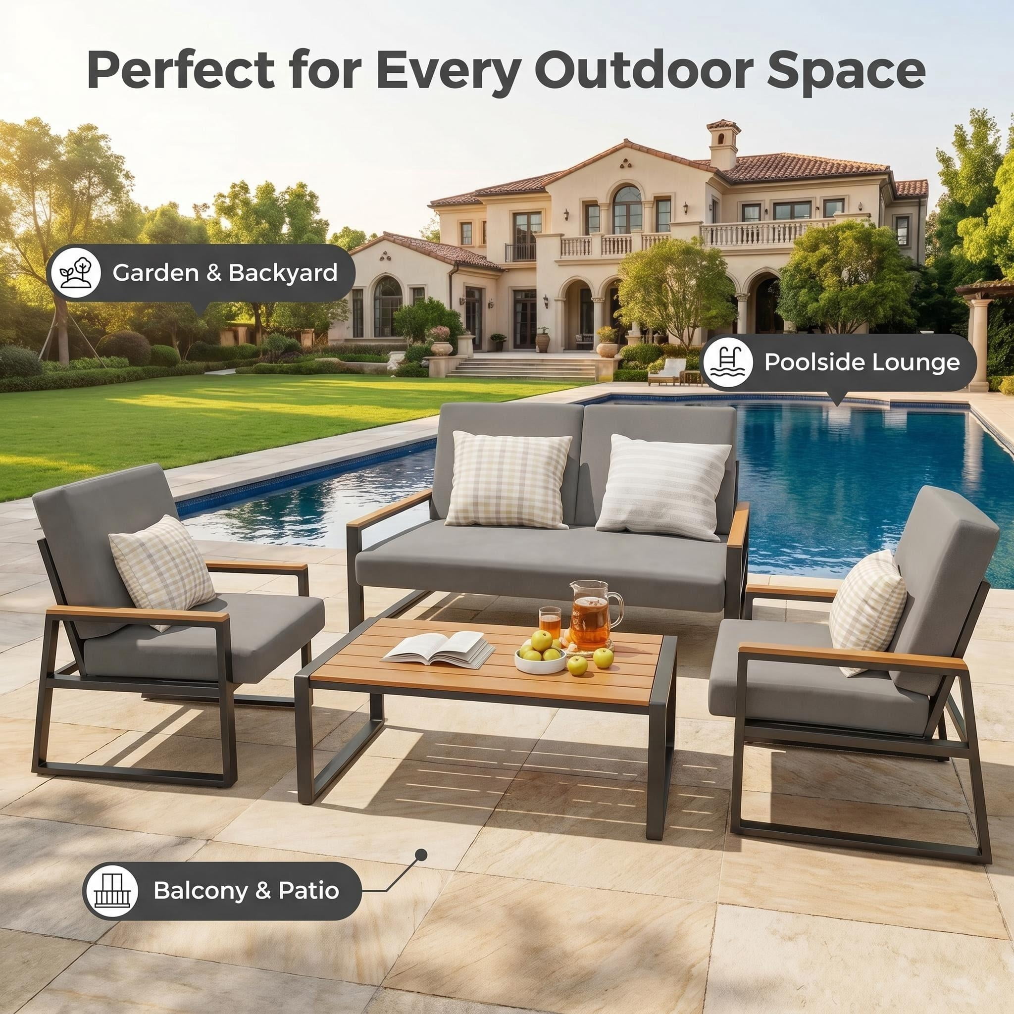 Lofka Outdoor Patio Furniture Set with Rectangle Wooden Table and Heavy-Duty Metal Frame (Gray, 4-Piece Set) 9j1r0