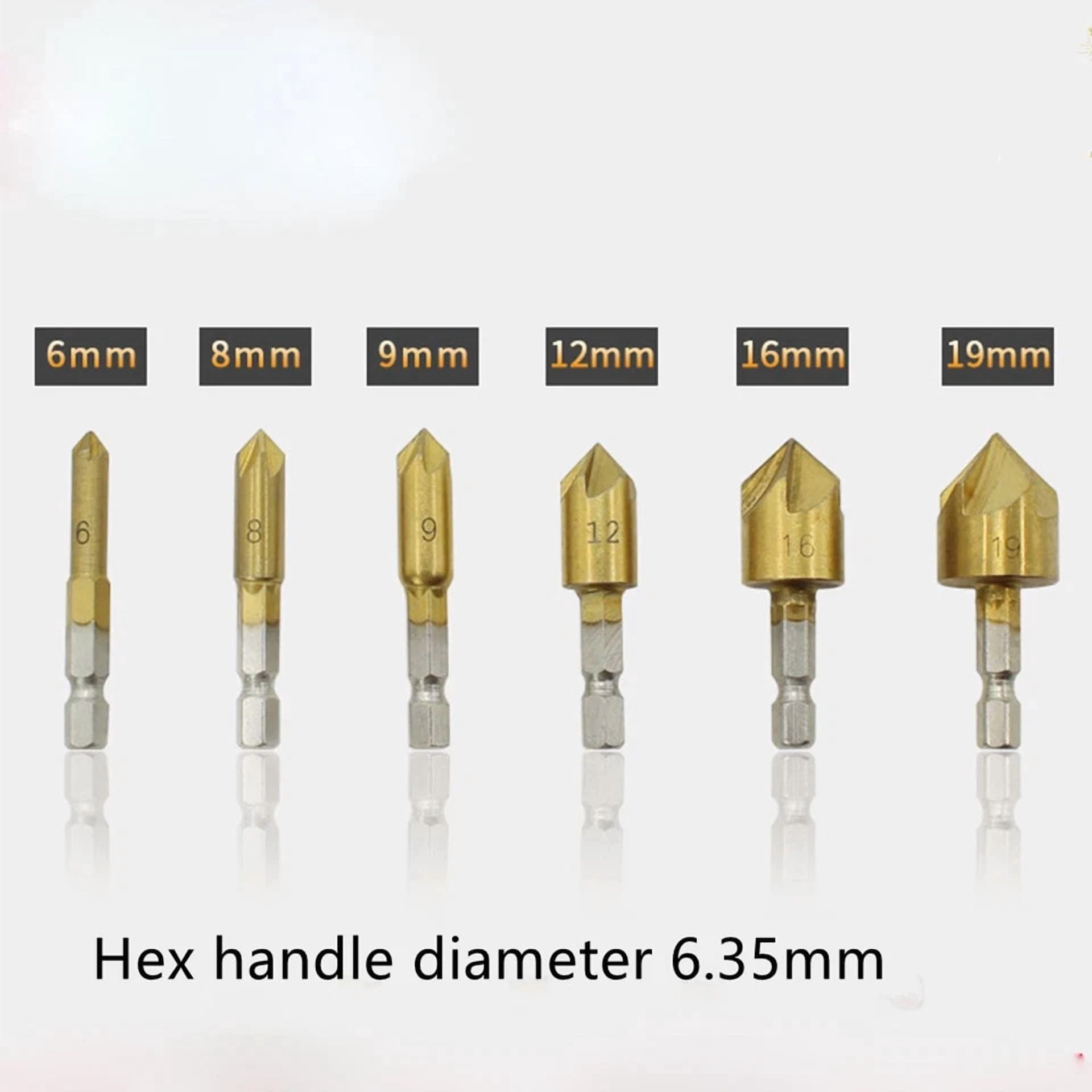 KLYNE 6-Piece Countersink Drill Bit Set, 5-Flute 90-Degree Chamfer Cutter for Wood and Metal (6mm to 19mm) rr9jv