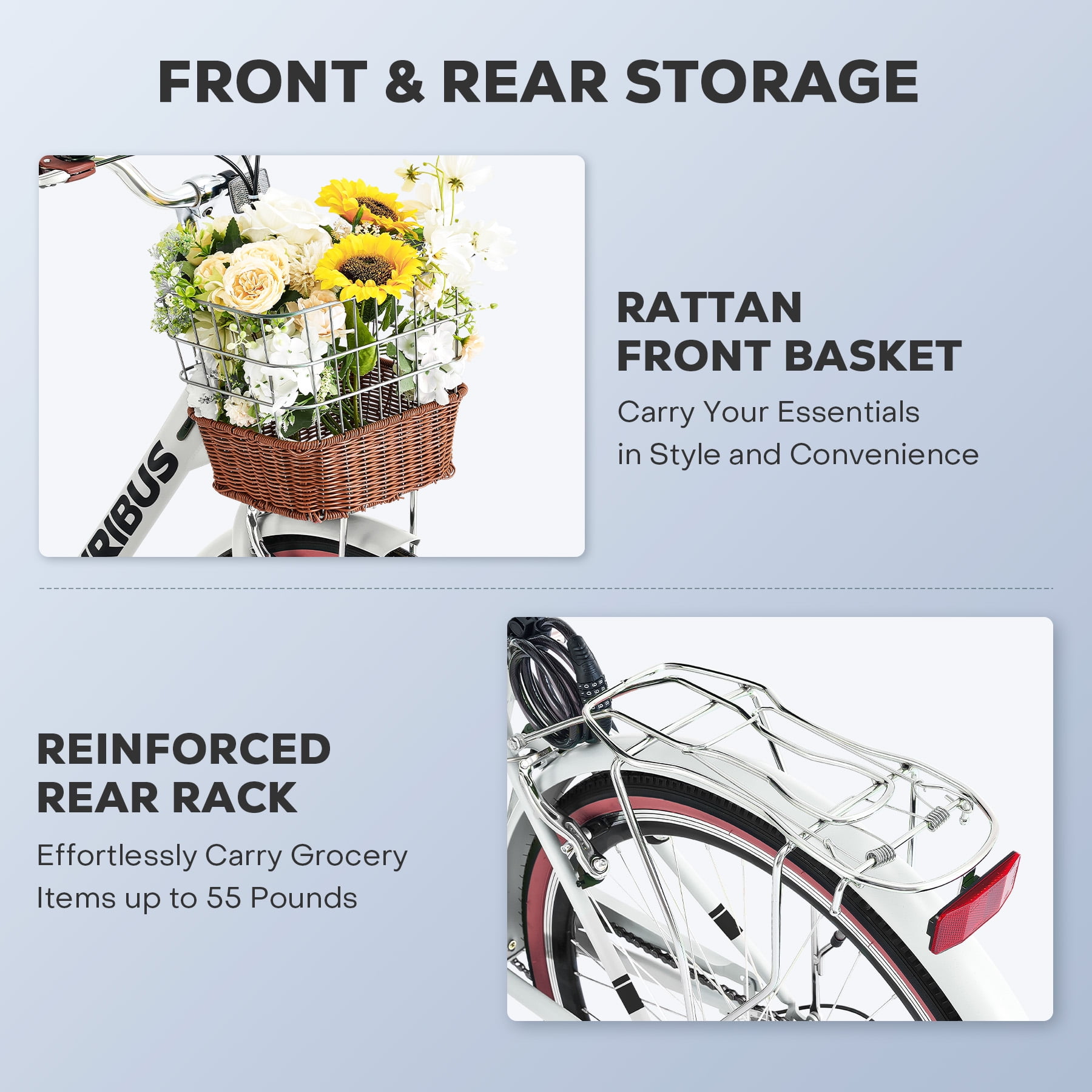 Viribus 24 in Women's Cruiser Bike, 7-Speed Beach and City Bicycle with Basket and Rack (White) 3vvao