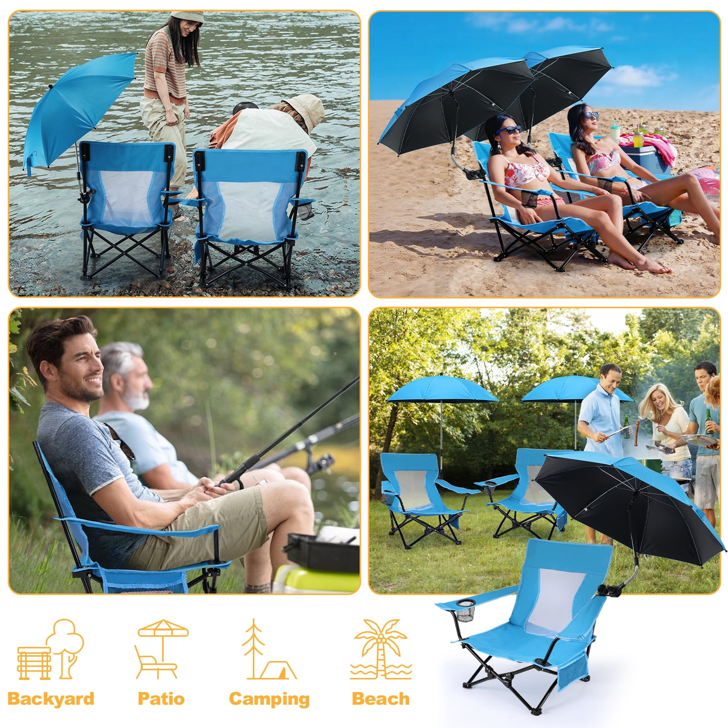 Walchoice Folding Beach Chair with Adjustable Umbrella (2 Pack, Blue, 30.7 in Wide Seat) nd0as