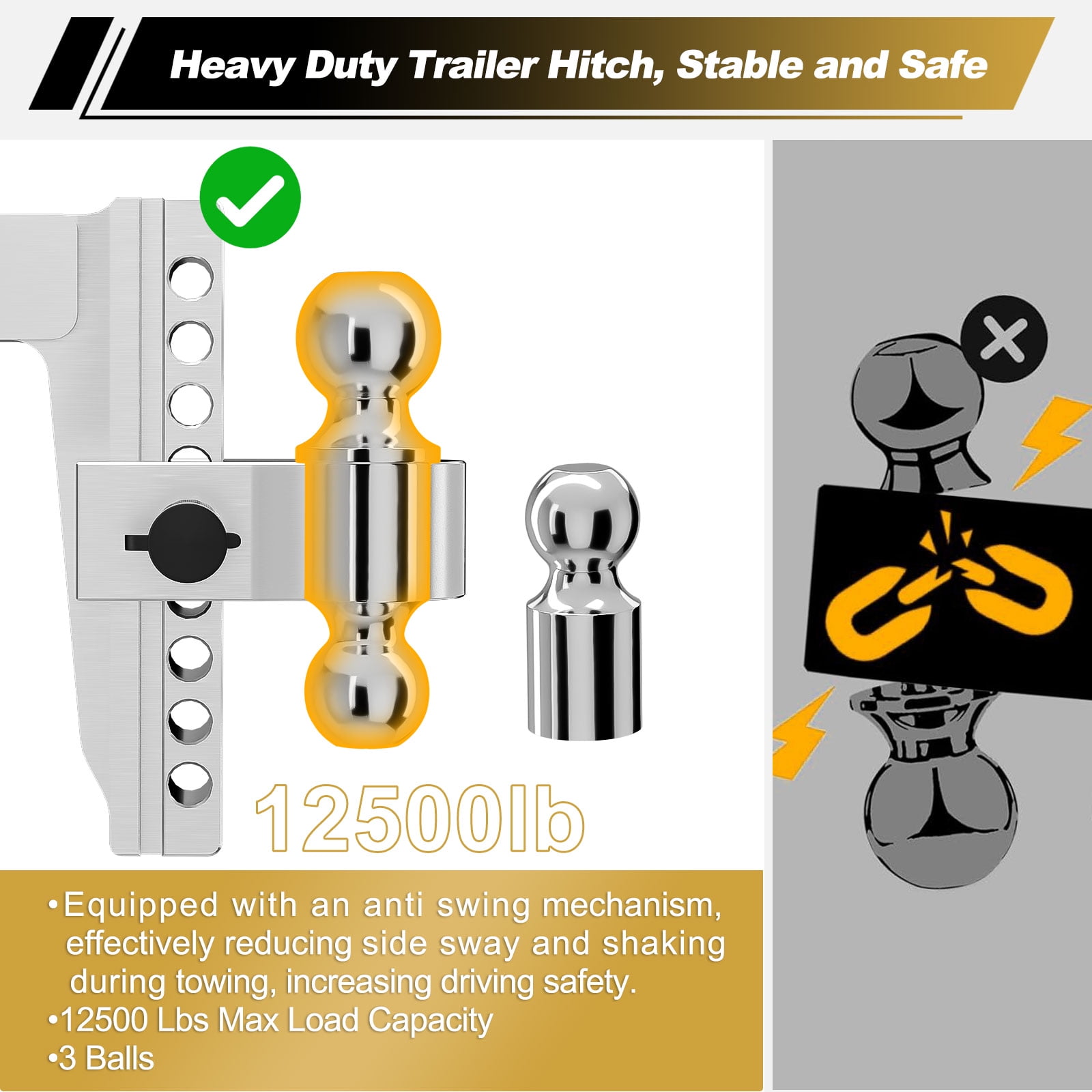 Crtynell Adjustable Trailer Hitch (2 in Receiver, 8 in Drop/Rise, 12,500 lb Capacity, Aluminum, Includes 3 Tow Balls and Locks) oy3mx