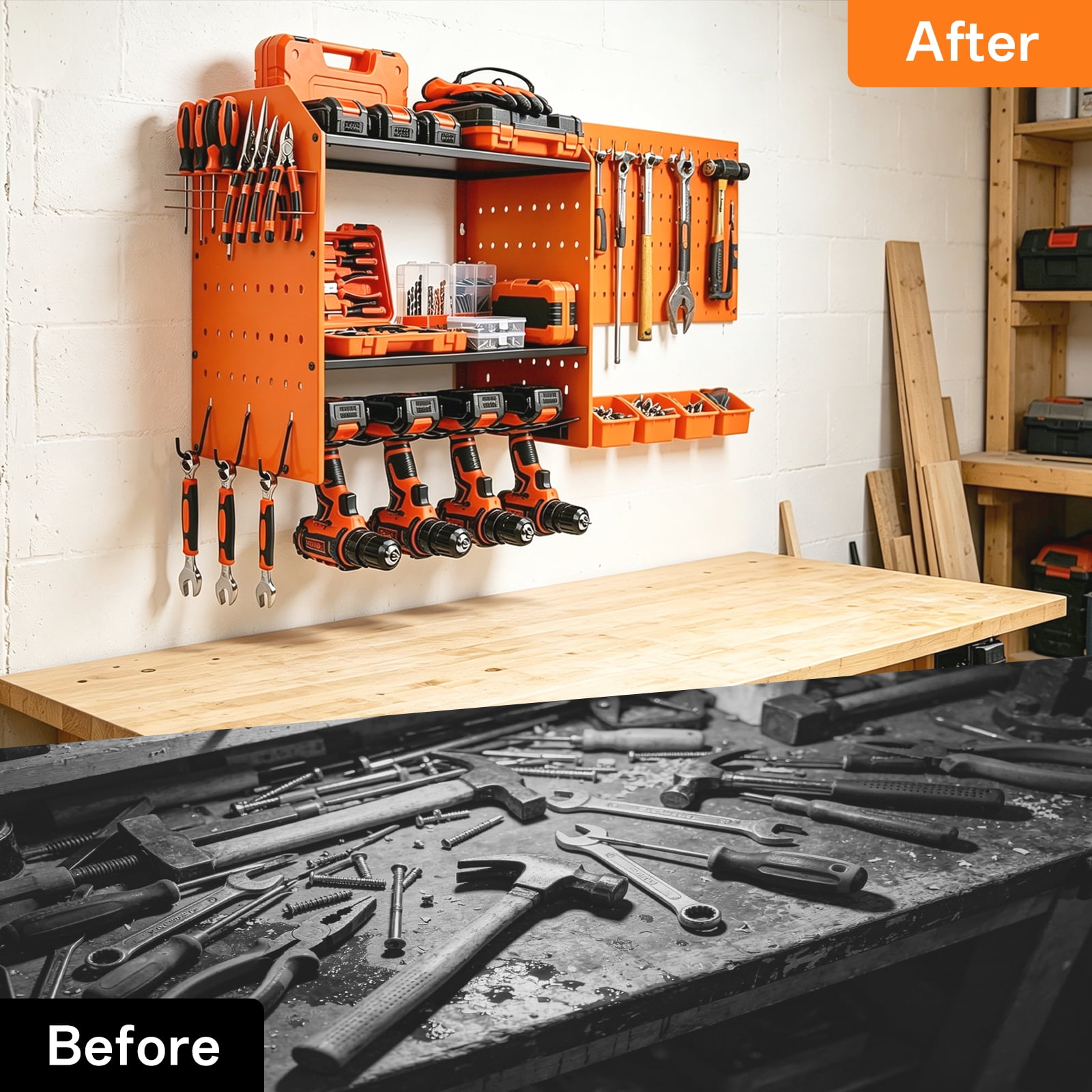 Loonpon Power Tool Organizer Wall Mount, 4-Layer Heavy Duty Drill Storage Shelf with Hooks (Orange, 16.4 in x 8.7 in x 18.9 in) ukydt
