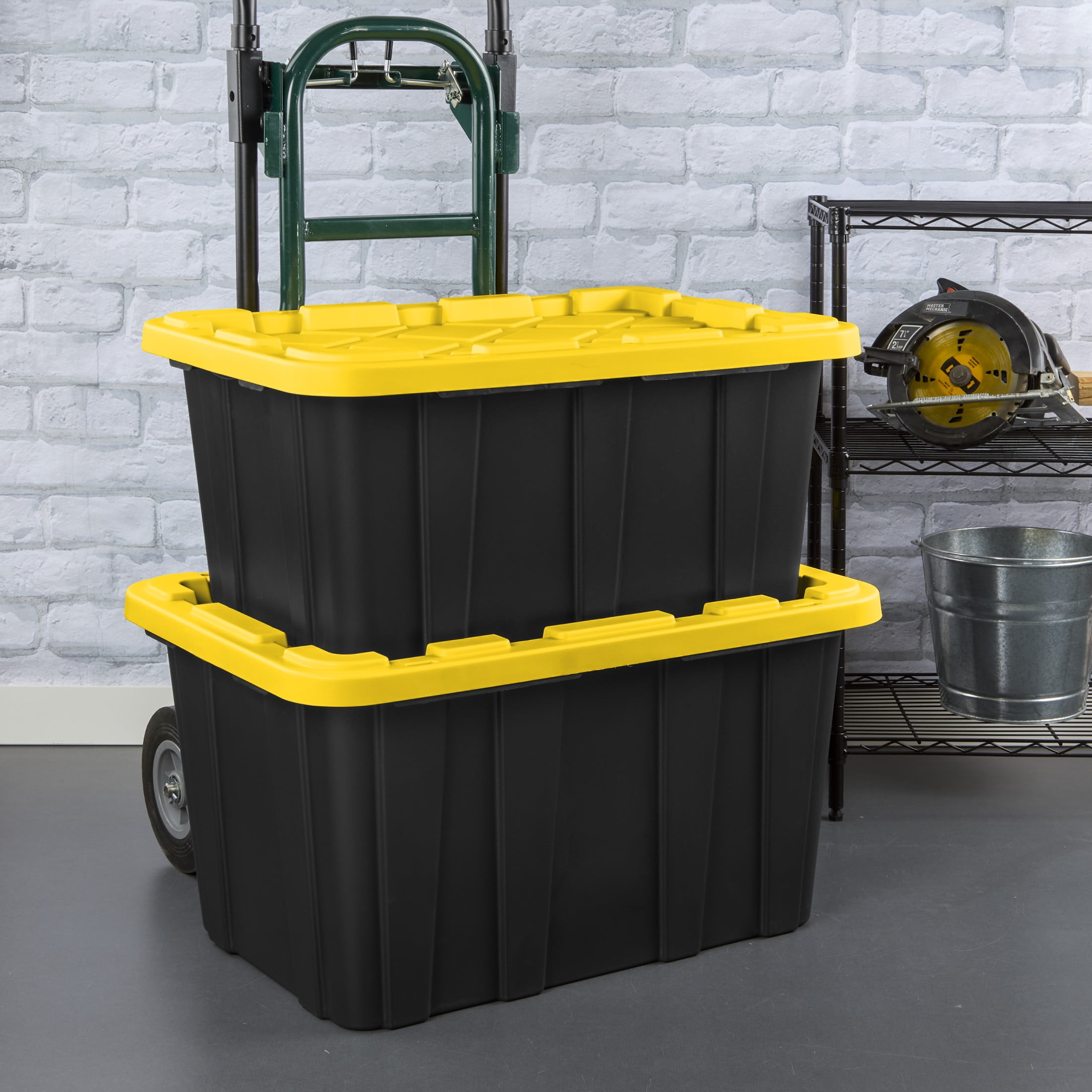 Sterilite Industrial Storage Tote, Heavy-Duty Plastic Bin with Snap-On Lid (Black and Yellow, 27 Gallon, 6 Pack) mwkwh