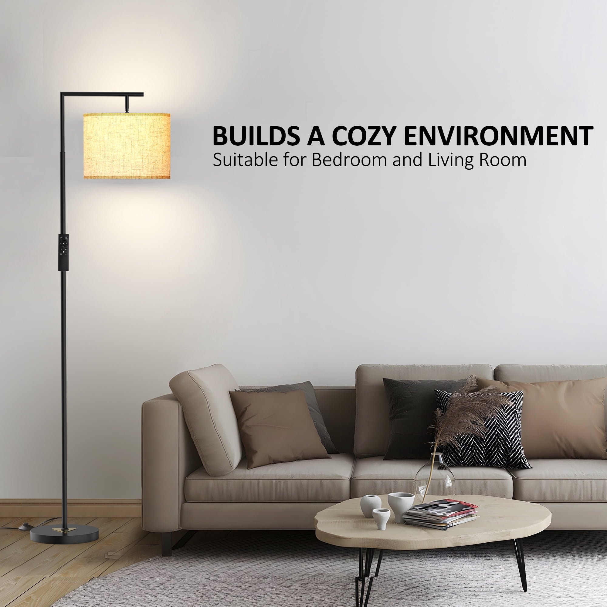 Jurulu Modern Arc Floor Lamp with Remote Control, Adjustable Linen Shade, Dimmable LED Standing Light (White, 61 in) cs74o