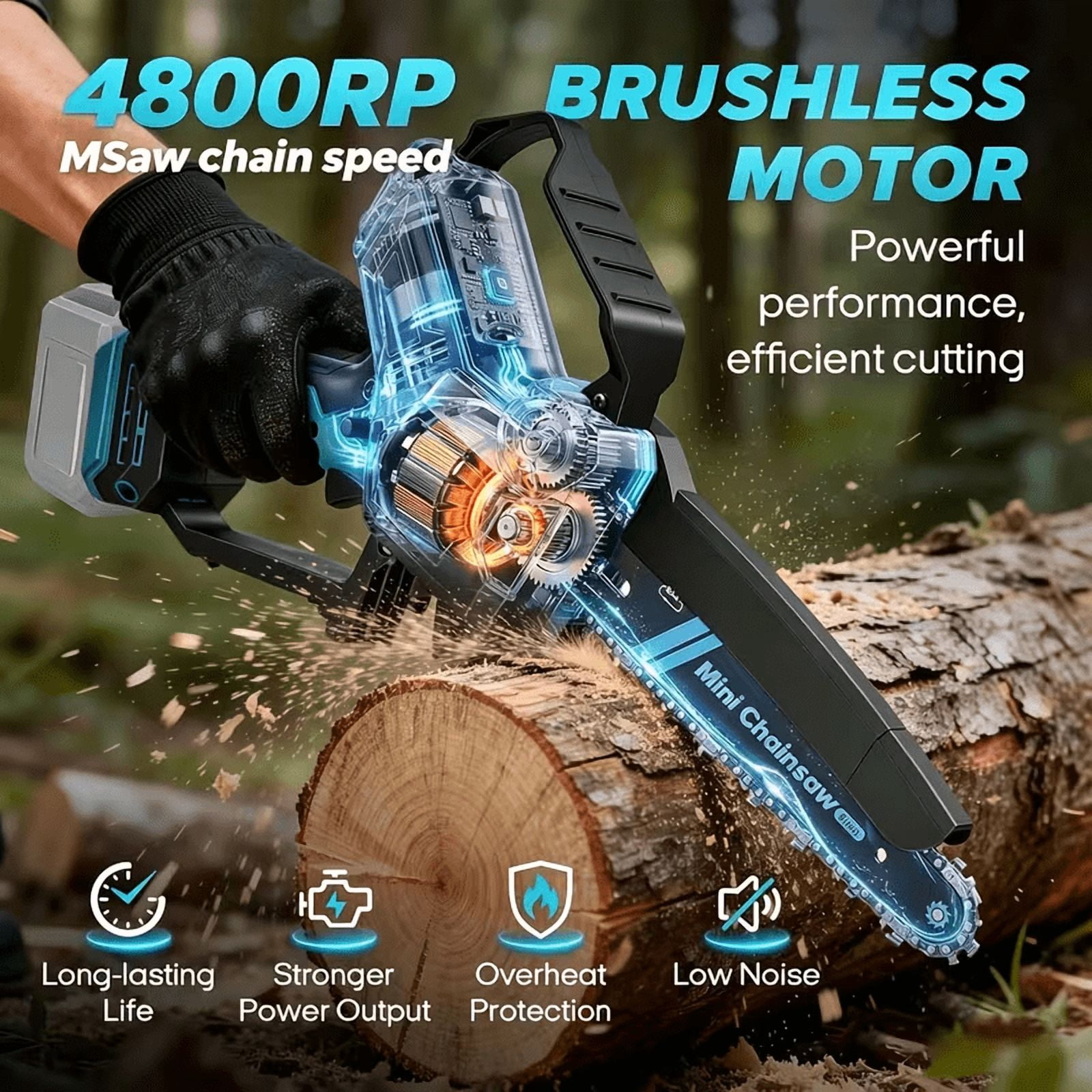 YUNXI 6 in Cordless Mini Chainsaw, Electric Handheld Pruning Saw with 2 Batteries and Storage Case (Blue, 6 in) rp8sw