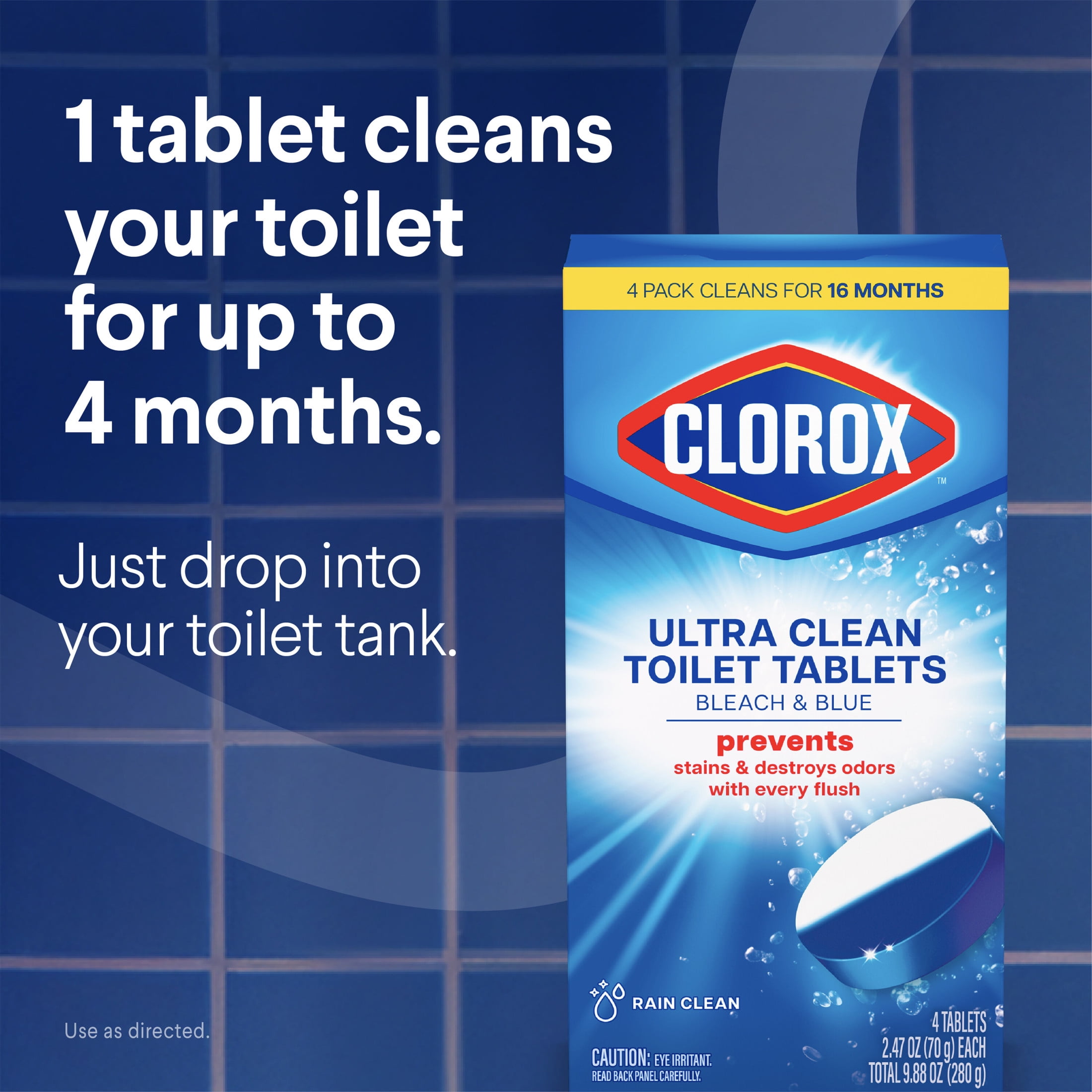 Clorox Bleach and Blue Toilet Bowl Cleaner Tablets, Rain Clean (Blue, 12 Count) f1hoo