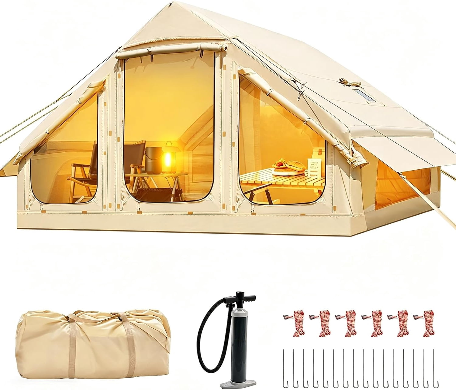Lilypelle Inflatable Camping Tent with Stove Jack, Waterproof 4-6 Person Glamping House (Beige, 9.8 ft x 6.9 ft x 6.4 ft) i913e