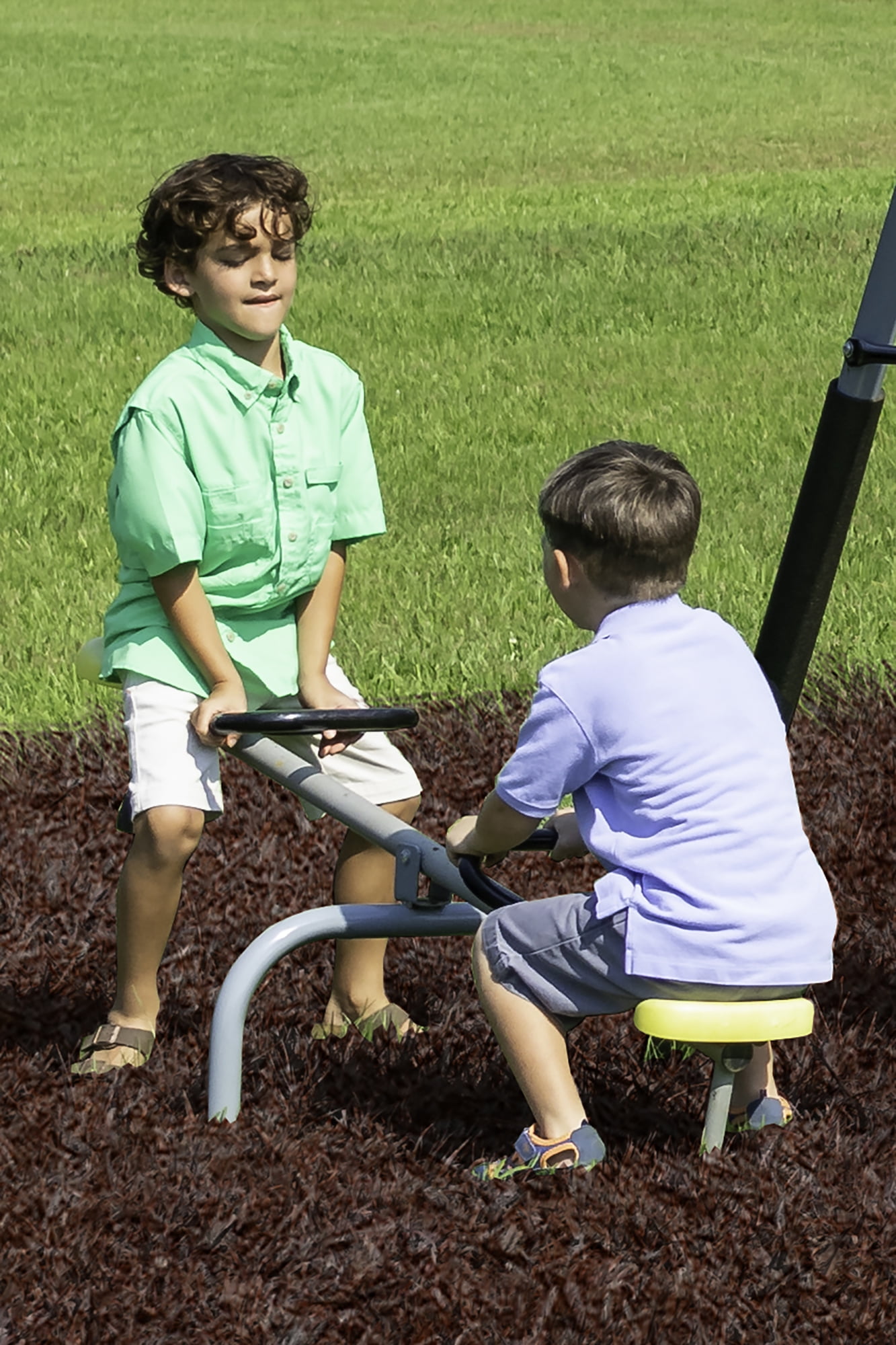 XDP Recreation Rising Sun Metal Swing Set with Slide, Seesaw, and Glider (Yellow, 10-Child Capacity) 1zow3