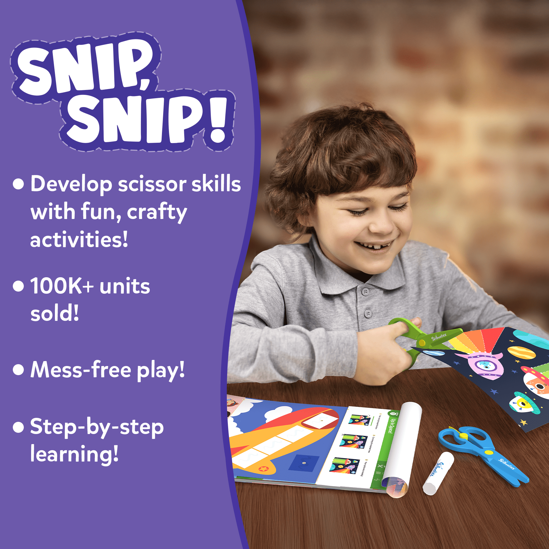 Skillmatics Snip, Snip! Scissor Skills Activity Book and Craft Kit (25 Activities, 2 Child-Safe Scissors, 1 Glue Stick) fiqiy