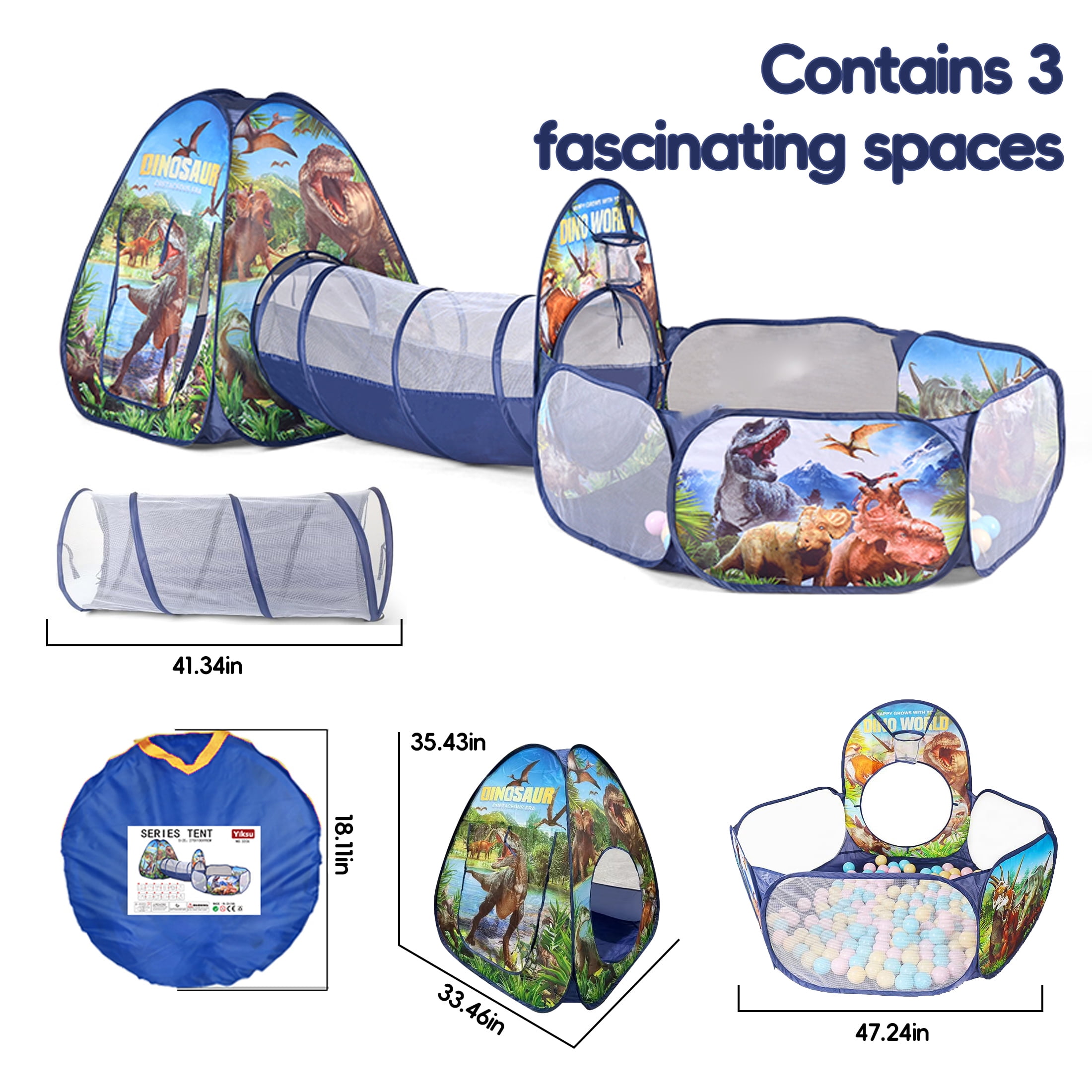 KOPPOP 3-in-1 Dinosaur Play Tent Set with Tunnel and Ball Pit for Indoor and Outdoor Use (Blue) viezn