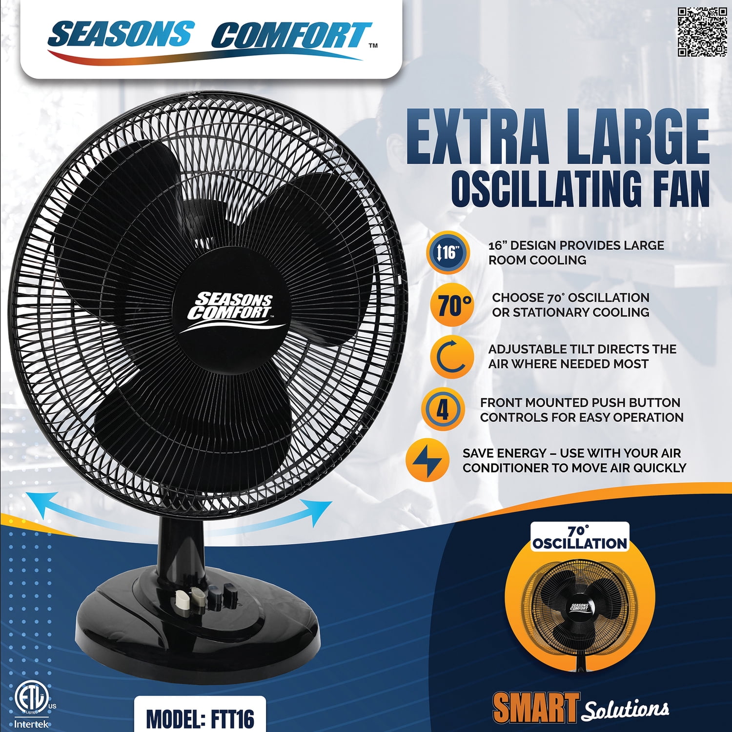 Seasons Comfort 16 Inch Oscillating Tabletop Fan, 3-Speed Quiet Cooling (Black, 21 in H x 16 in W) yy2b0