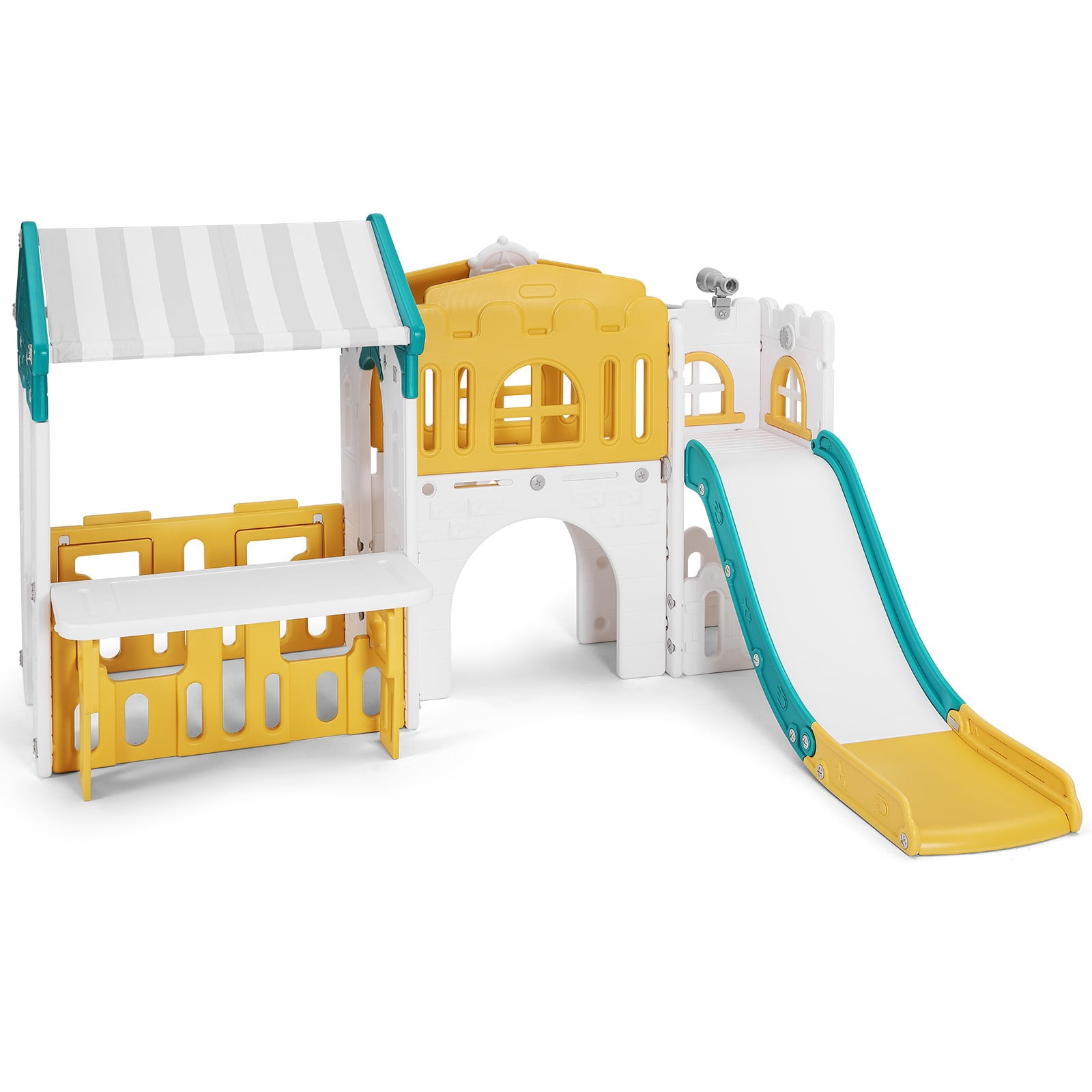 Joyldias 9-in-1 Toddler Slide and Playhouse Playset with Basketball Hoop and Climbing Ladder (Green, Yellow, White) k0fc2