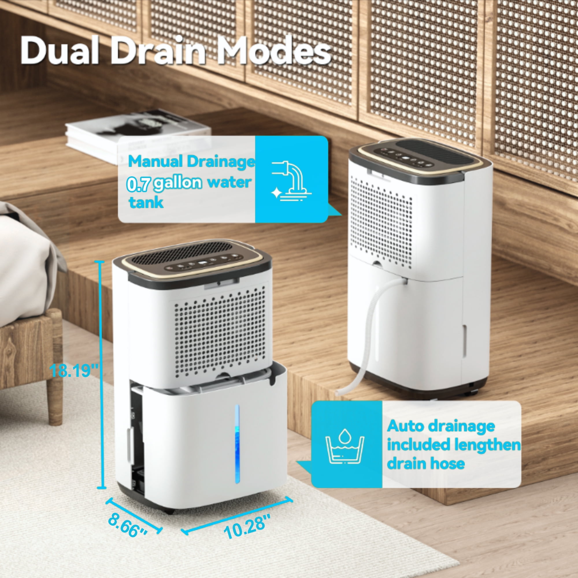 UrbanSync Dehumidifier for Large Spaces, 34-Pint Capacity, 3400 Sq.Ft Coverage, 3 Modes with Continuous Drainage Hose (White and Gold, 0.7 Gallon Tank) sj0sf