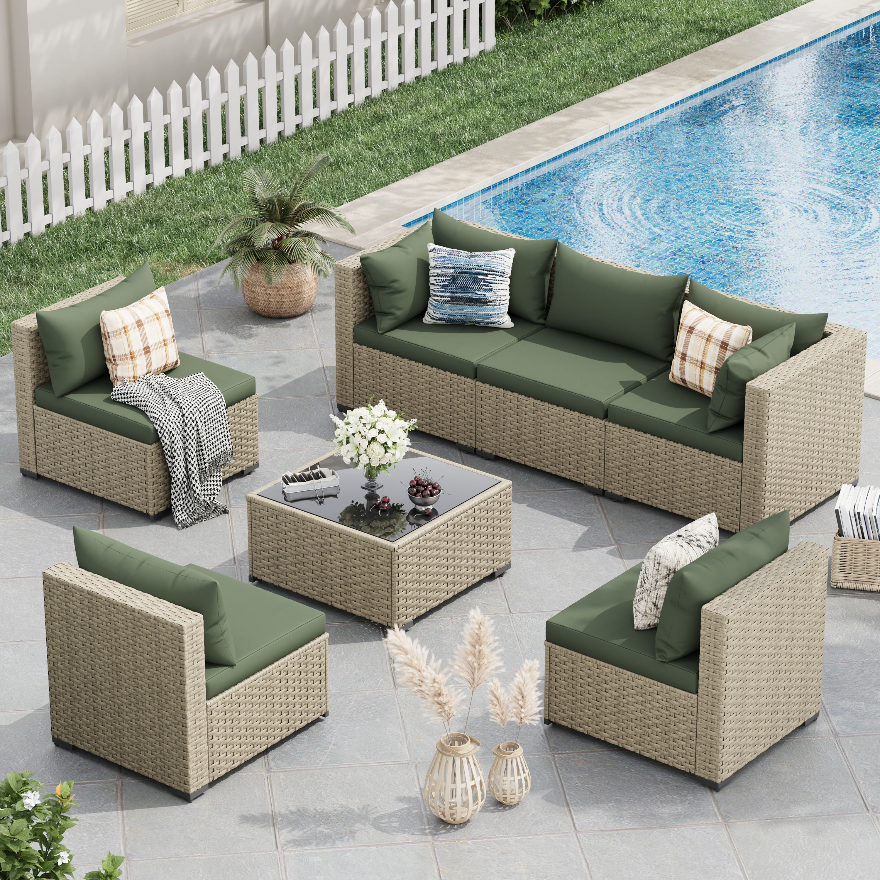 POTEBAN 7-Piece Outdoor Patio Furniture Set, Rattan Wicker Sectional Sofa with Cushions (Grey, 7-Piece) oq7q9
