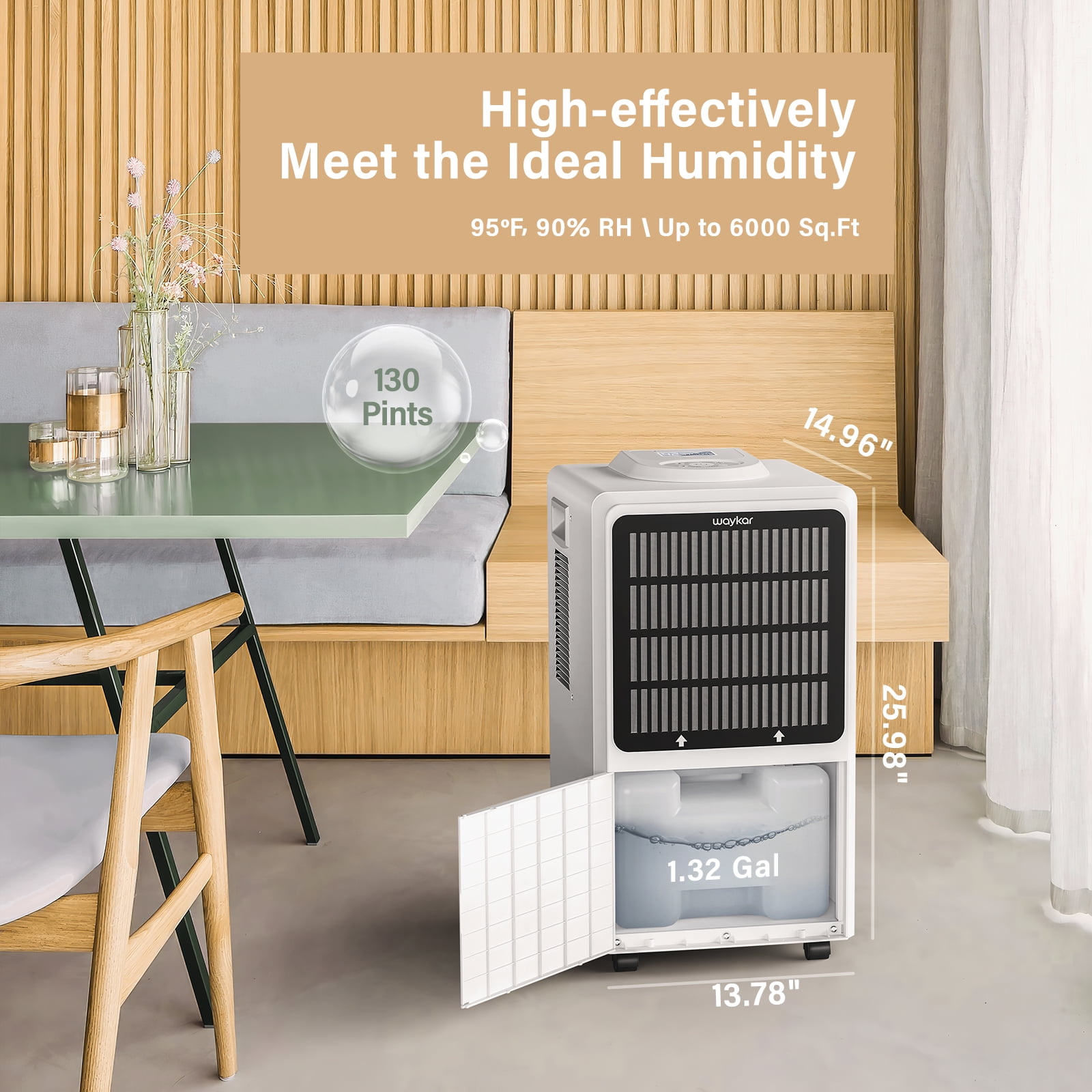 Waykar Commercial Dehumidifier for Large Basements and Crawl Spaces, High-Capacity Moisture Removal (White, 130 Pint) vempa