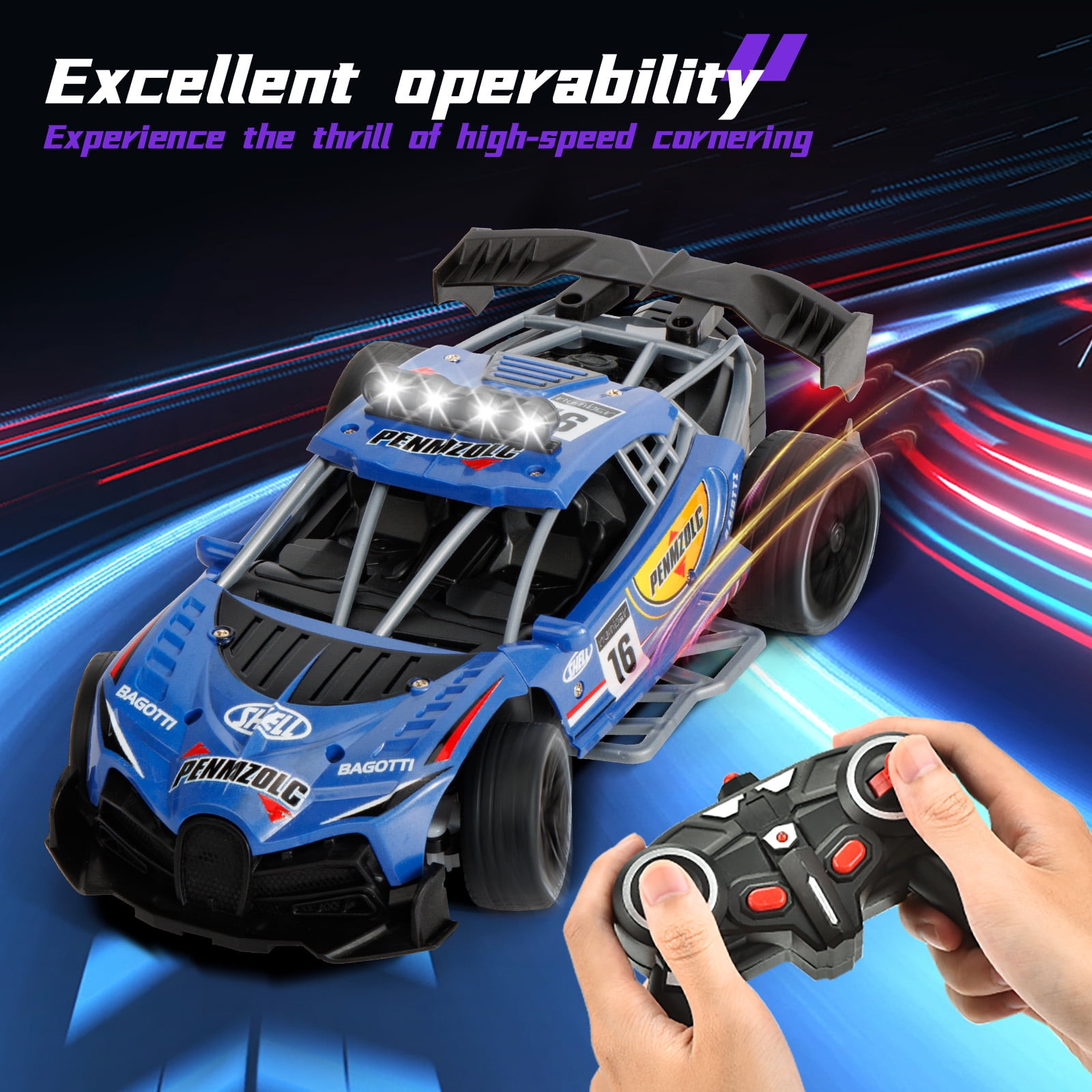 Kivdit Remote Control Car (1:16 Scale, 2.4GHz RC Drift Vehicle with LED Lights and Spray, Blue) k08mb