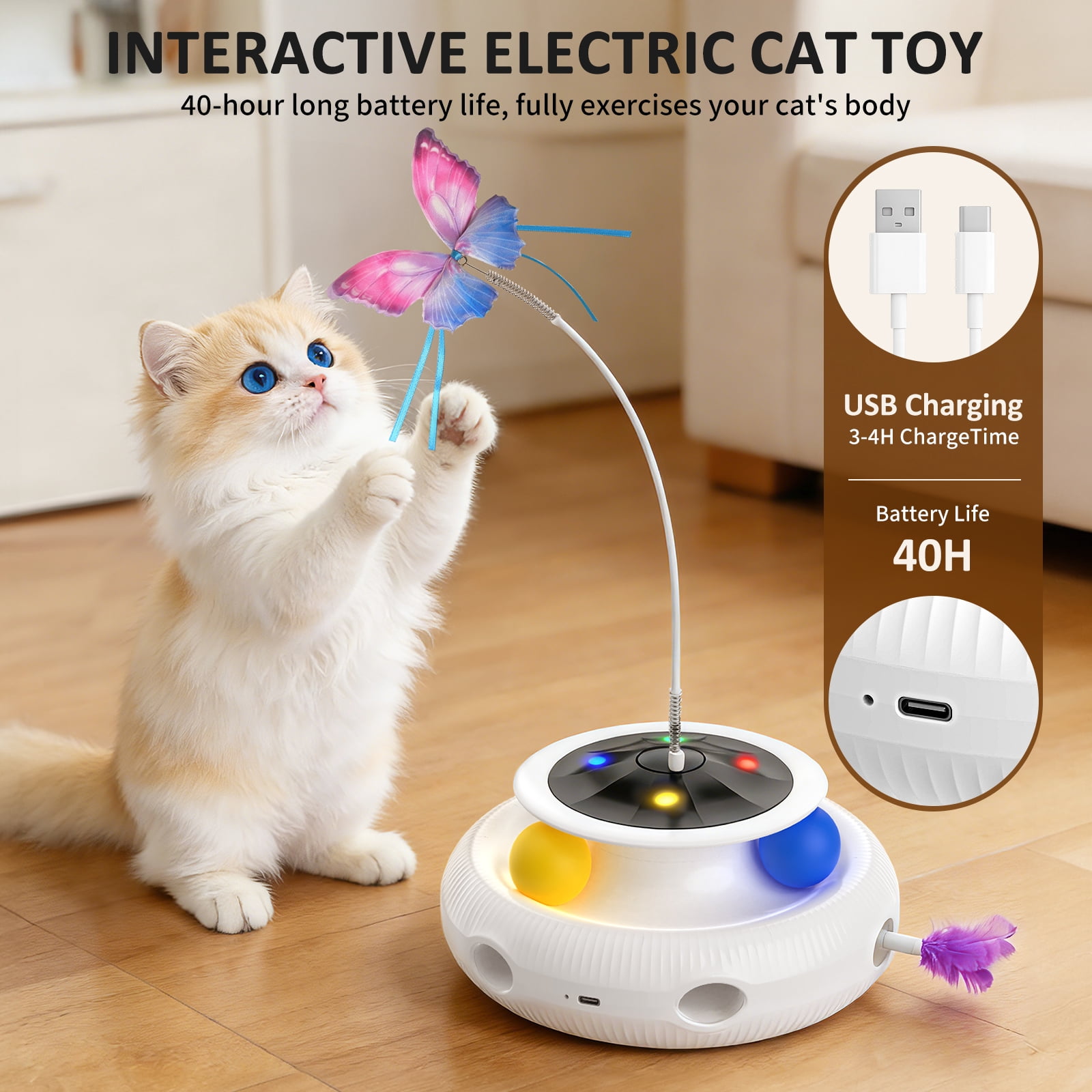Cornmi 3-in-1 Interactive Cat Toy, Smart Feather Wand with USB Rechargeable Base (White) ggylw