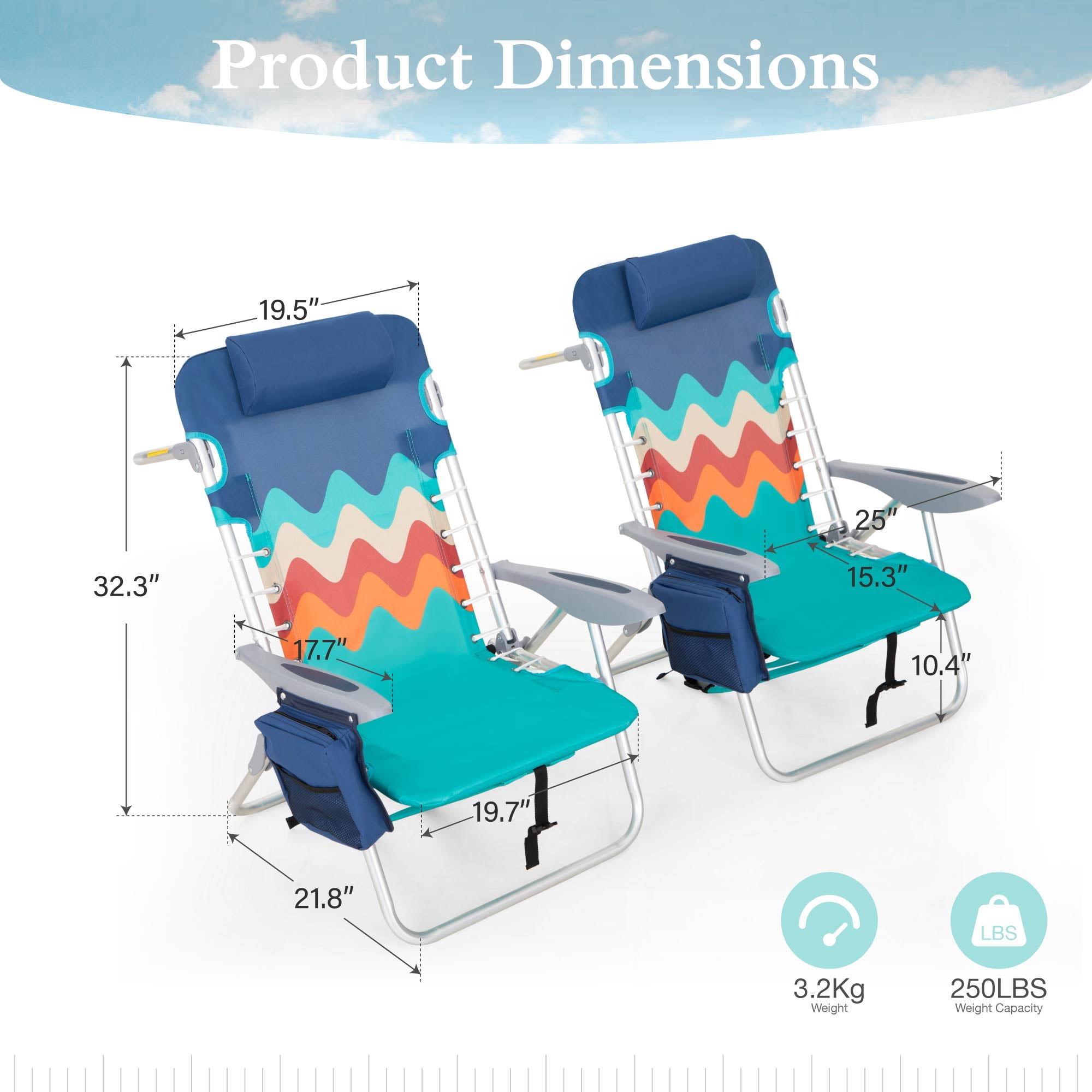 Sophia & William 2 Pack Folding Beach Chairs with 4 Adjustable Positions and Cooler Bag (Blue, 250 lb Capacity) pp1ar