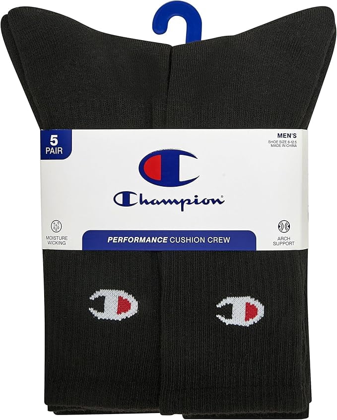 Champion Men's Performance Cushion Crew Socks Moisture-Wicking Athletic Gear (Black, 5-Pack) 34nhn
