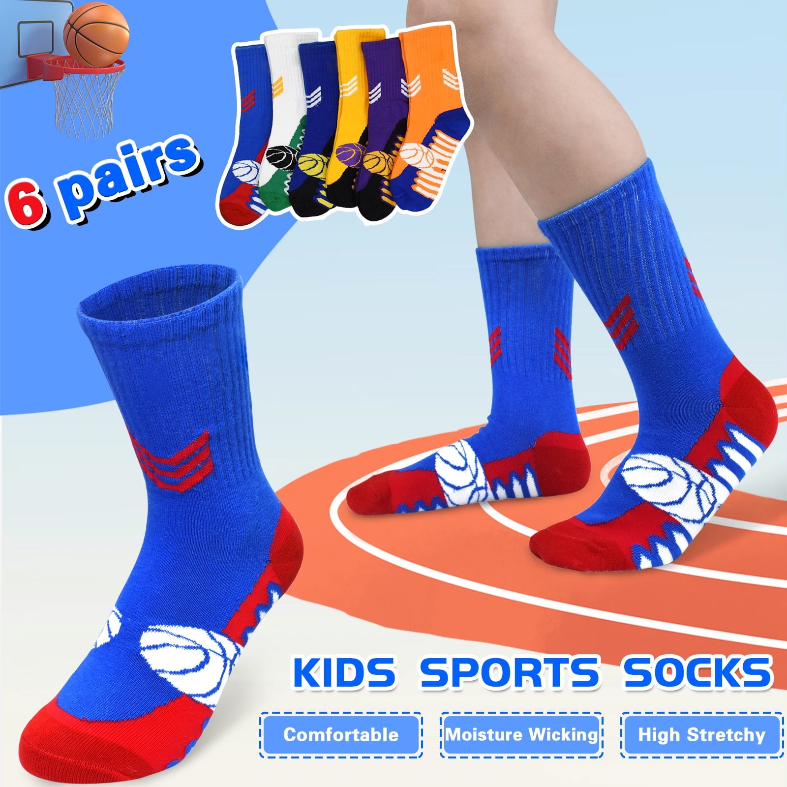 Tphon Kids Athletic Sports Socks Moisture-Wicking Basketball Soccer Crew Socks (Multicolor, 6 Pairs) 1r1qz