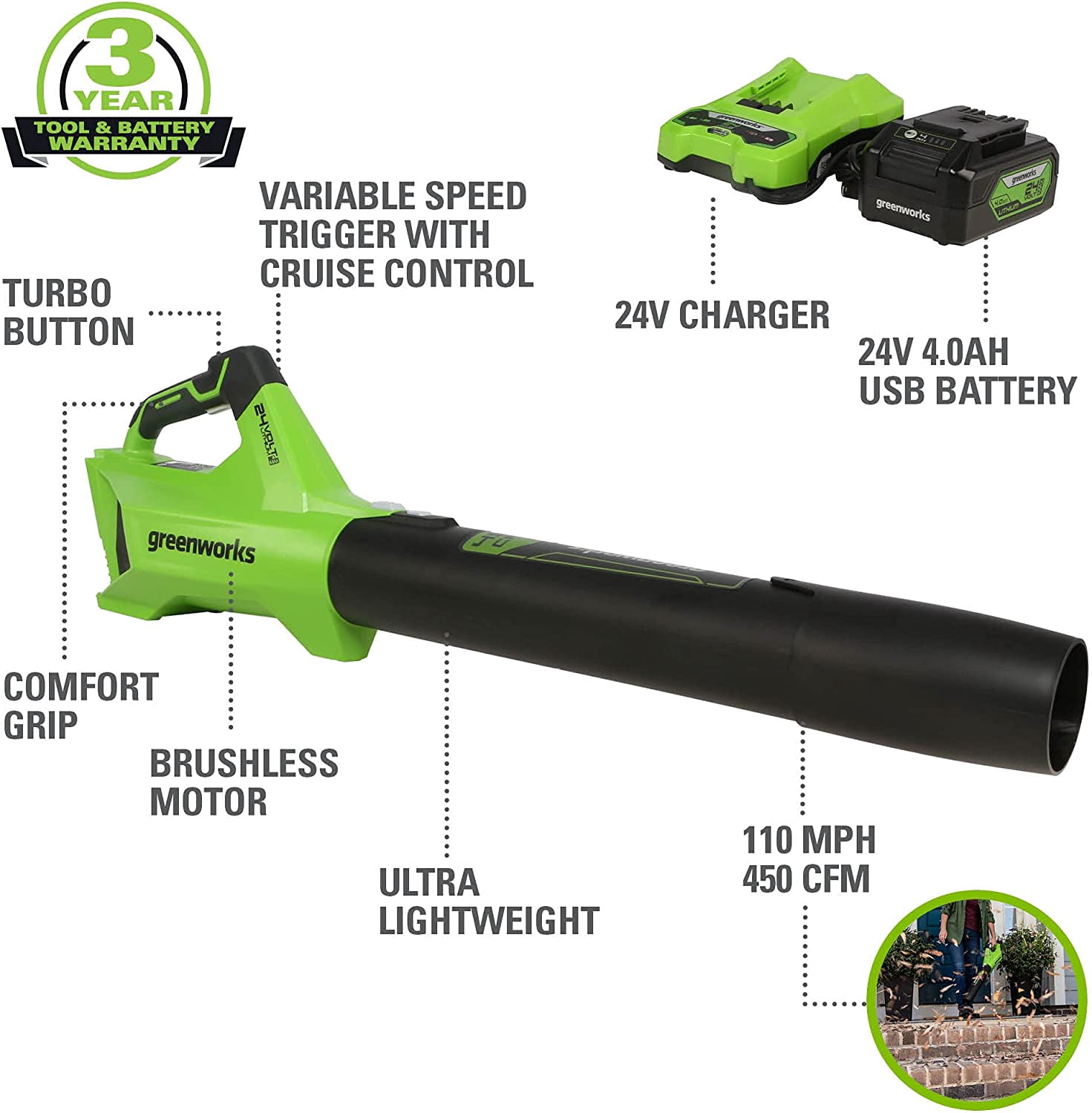 Greenworks Brushless Cordless Leaf Blower Kit with Battery and Charger (Green, 450 CFM) mq1vm
