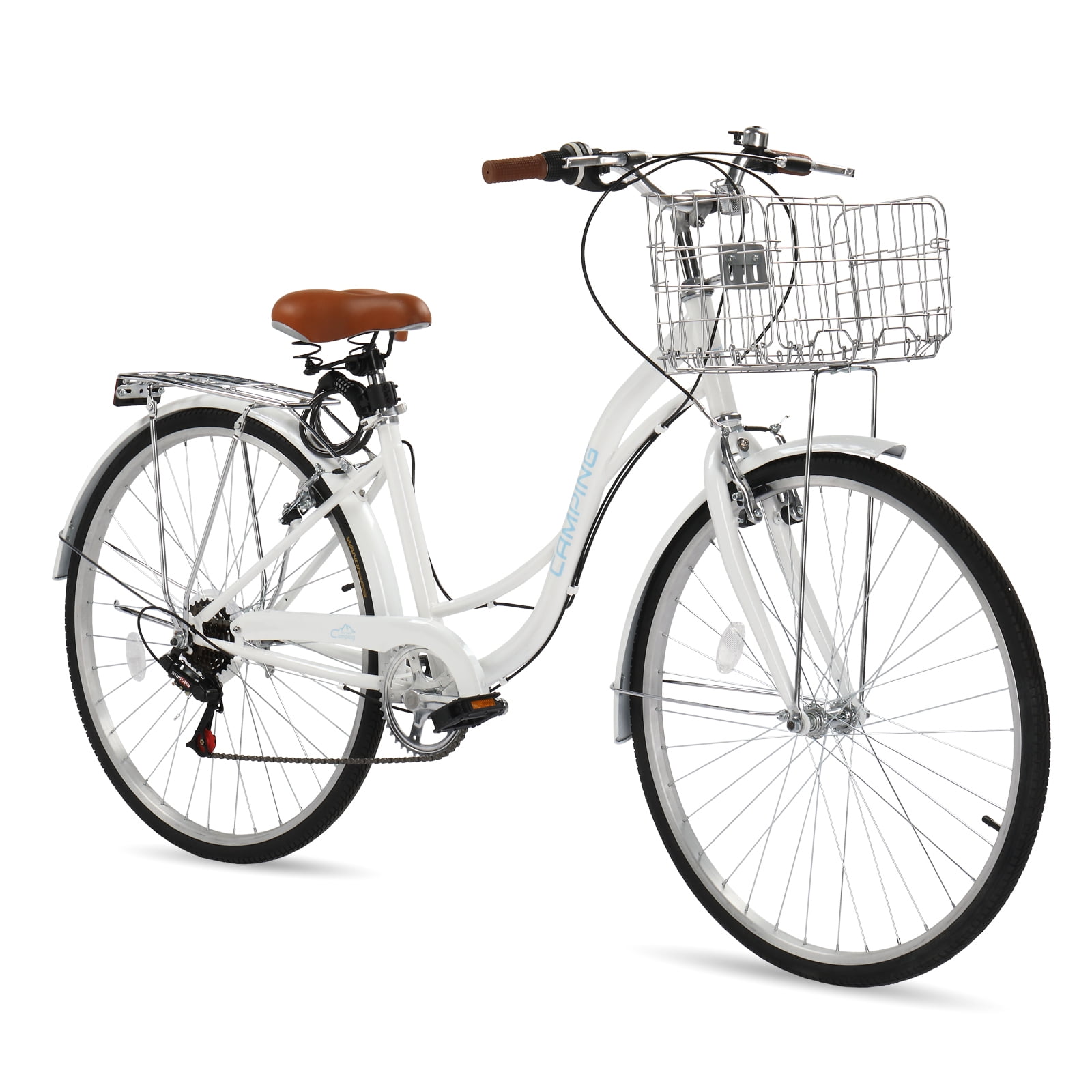 Ktaxon 26 in Women's 7-Speed Cruiser Bike, Step-Through City Bicycle with Basket and Rear Rack (White, 26 in) 3ajqc