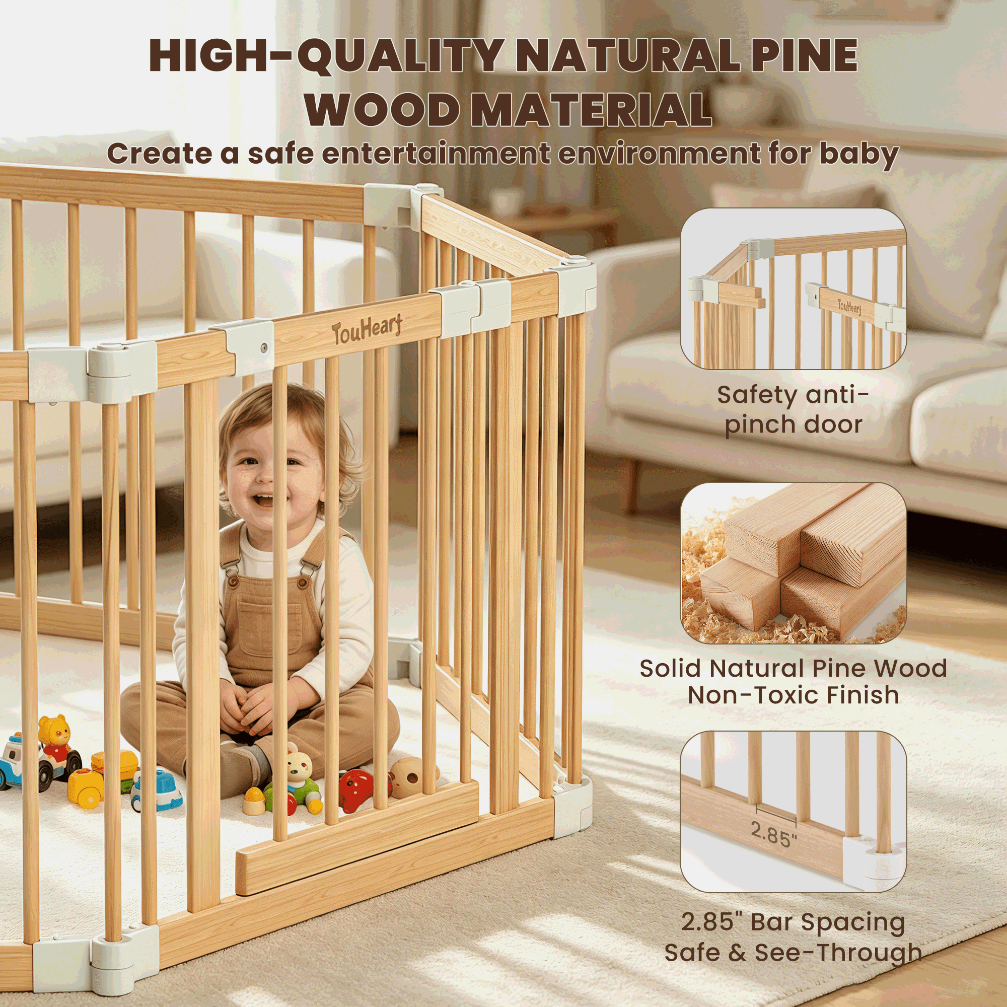 TouHeart Wooden Baby Playpen, Foldable Safety Play Fence with Gate (Natural Wood, 69 in x 69 in x 24 in) gap0x