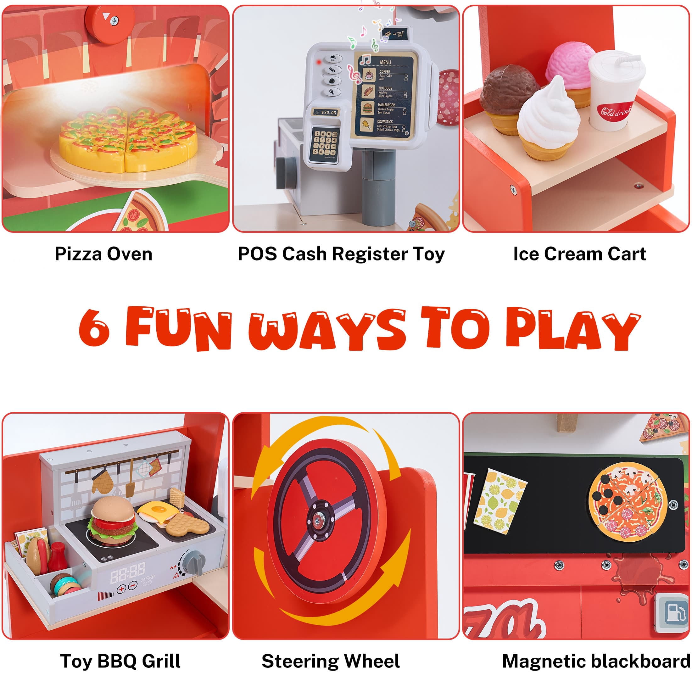 iYofe Wooden Food Truck Play Kitchen Set with Interactive Light and Sound (Red, 31.69 in x 18.1 in x 36.61 in) ilptb