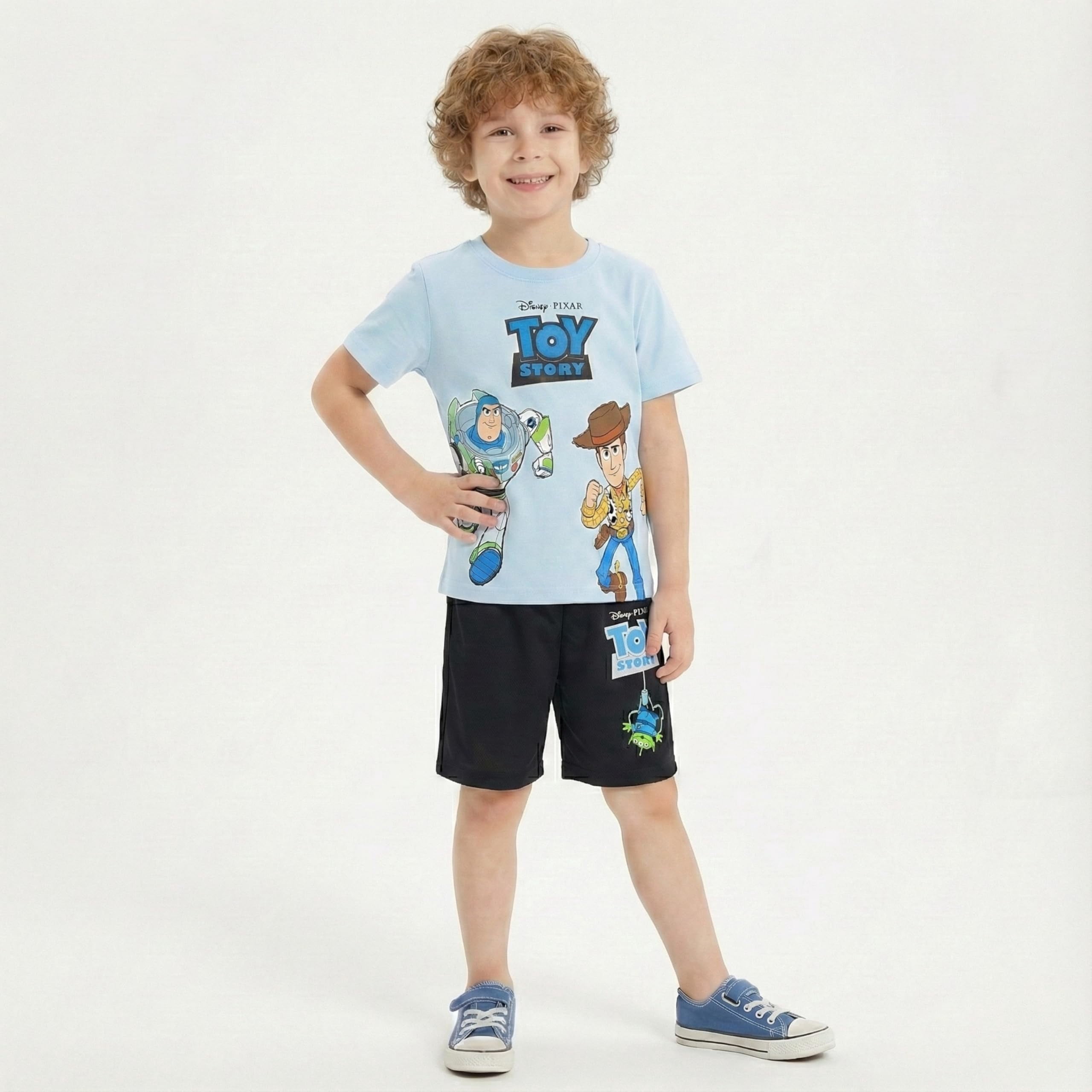 Disney Toy Story Woody and Buzz Lightyear Short Sleeve T-Shirt and Shorts Outfit Set (Blue, 2T-7) b4to3