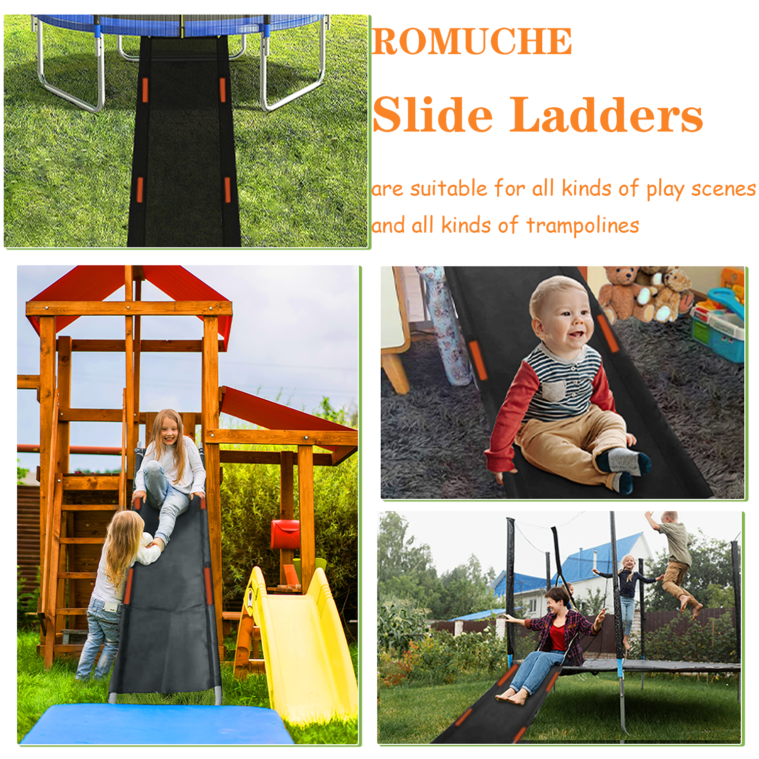 ROMUCHE Trampoline Slide and Ladder Attachment with Safety Handles (Black, 61.4 in x 18.1 in) 64hlt