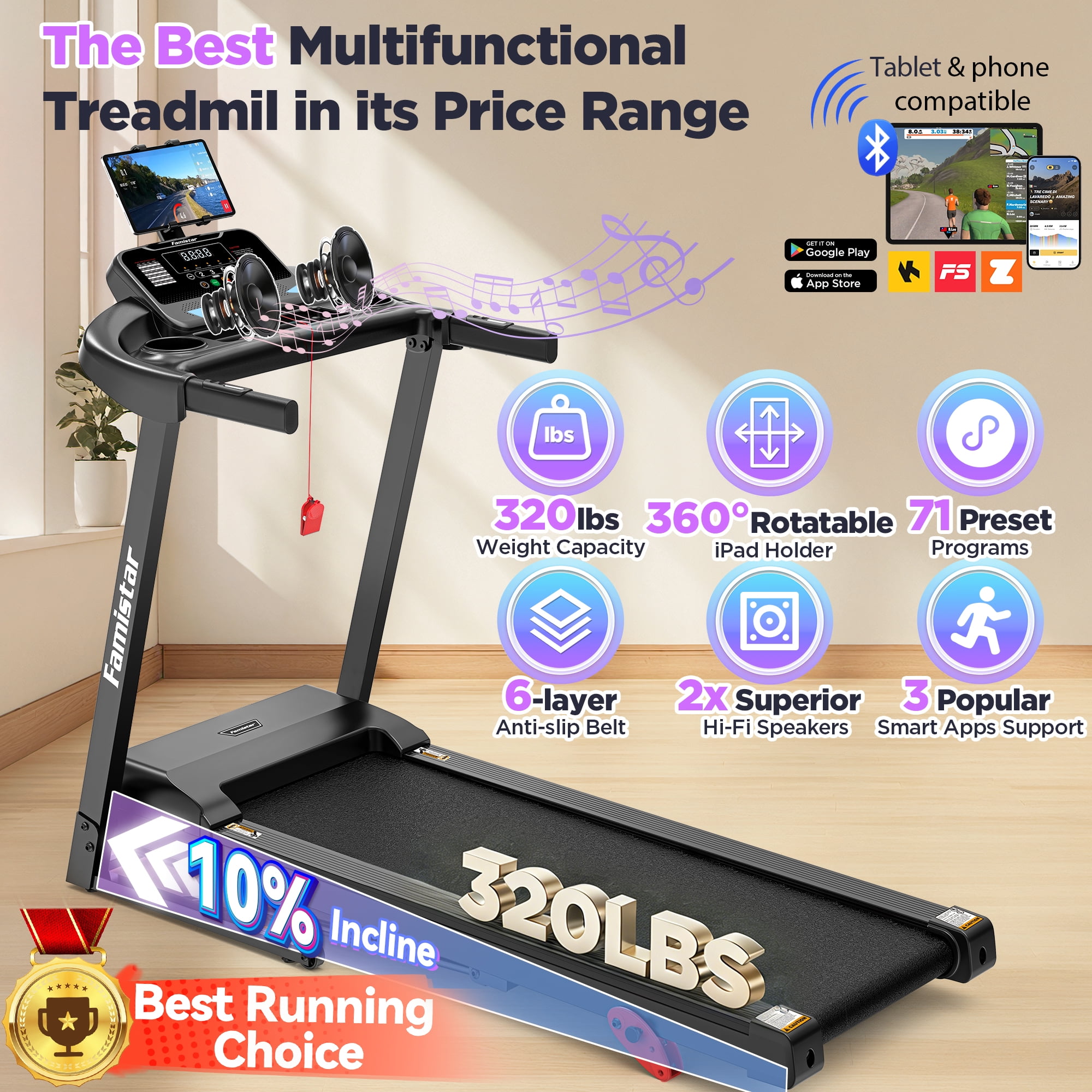 Famistar Folding Electric Treadmill for Home, Portable Exercise Machine with Adjustable Incline, APP Control, Bluetooth Speakers (320 lb Capacity) b497y