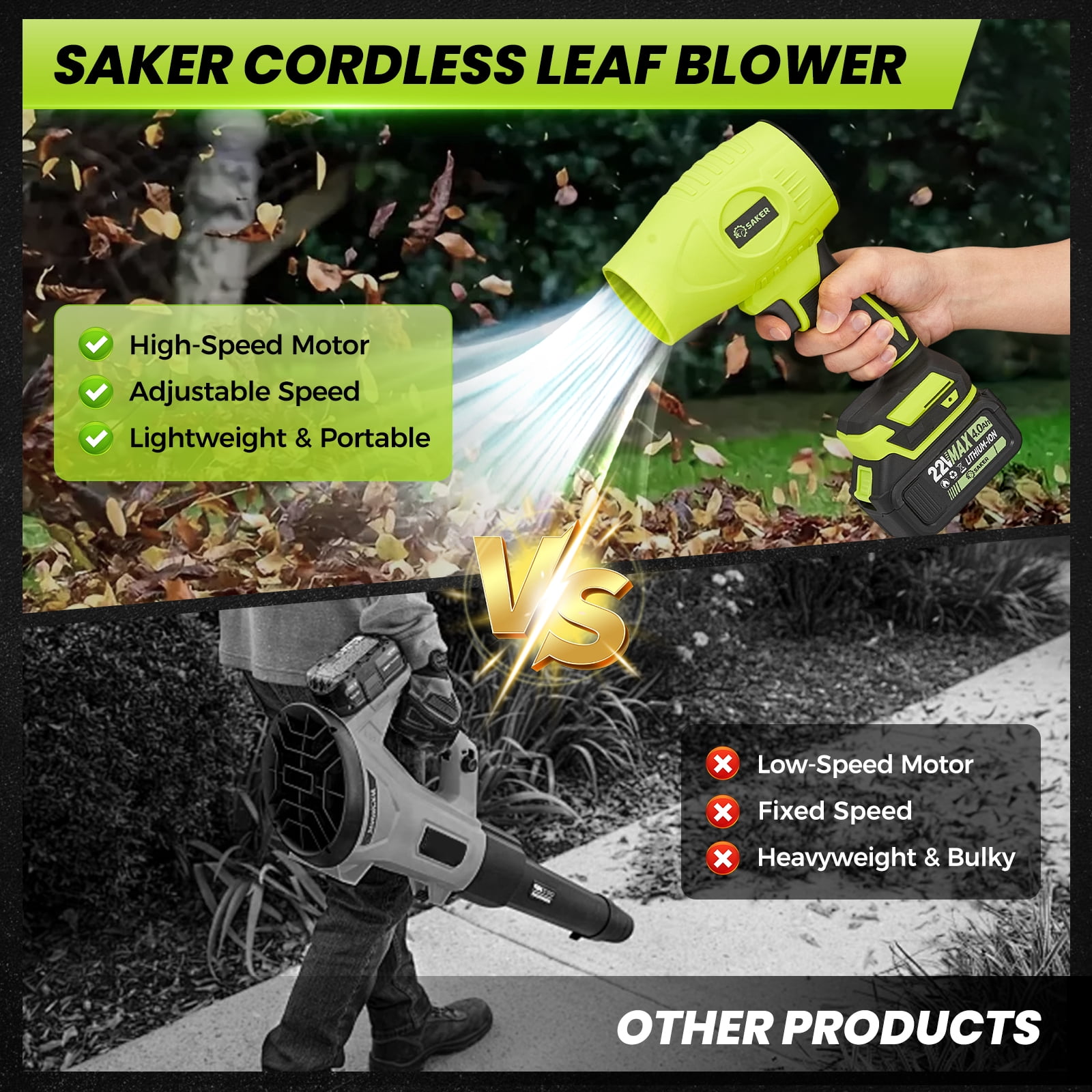 Saker Electric Cordless Leaf Blower with Adjustable Speed and Dual 4.0Ah Batteries (Green, 2.2 lb) izxl9