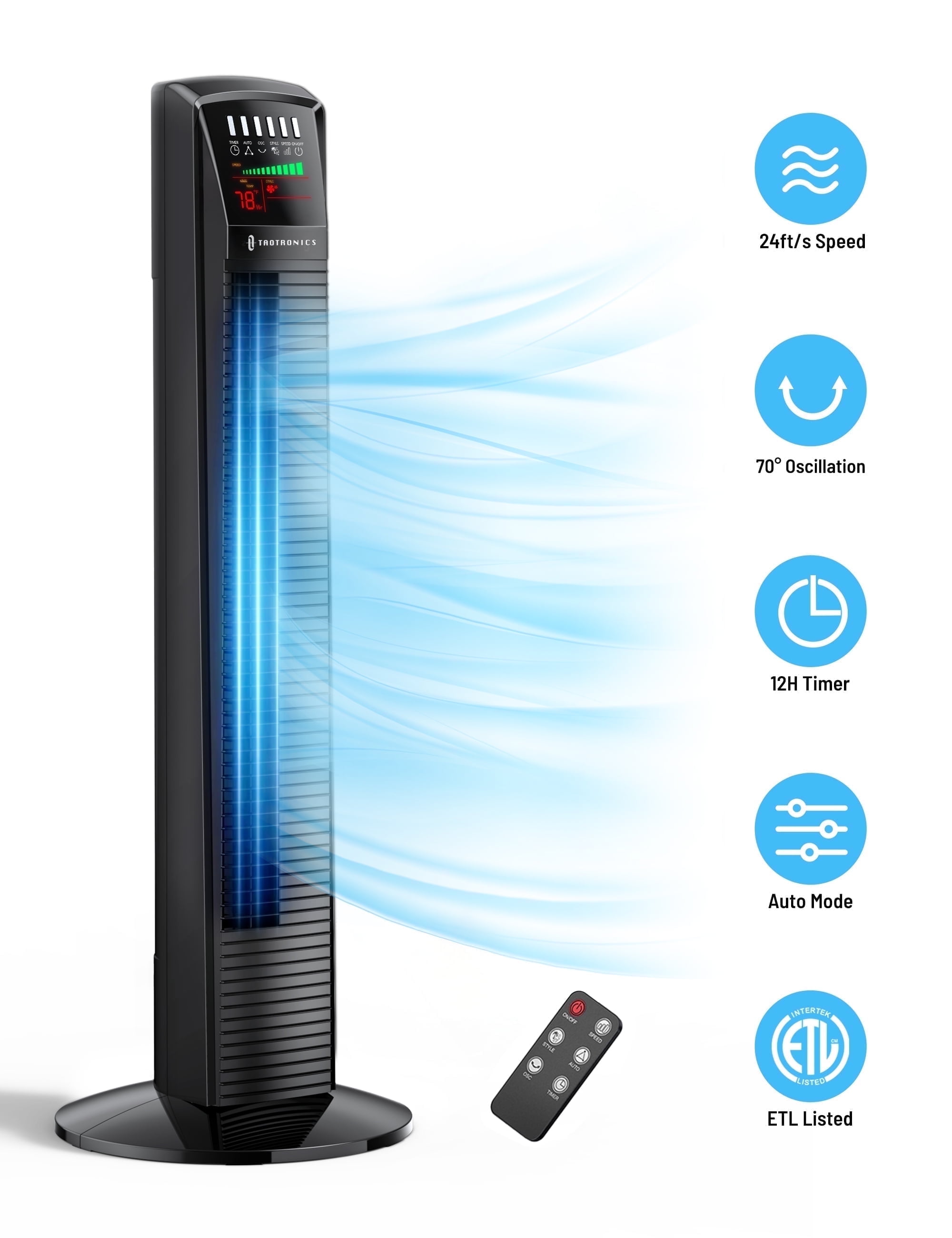 TaoTronics Tower Fan, 36 in Standing Floor Fan with Remote, 70-Degree Oscillation, 3 Speeds, Quiet Cooling for Home (Black, 36 in) uibdu