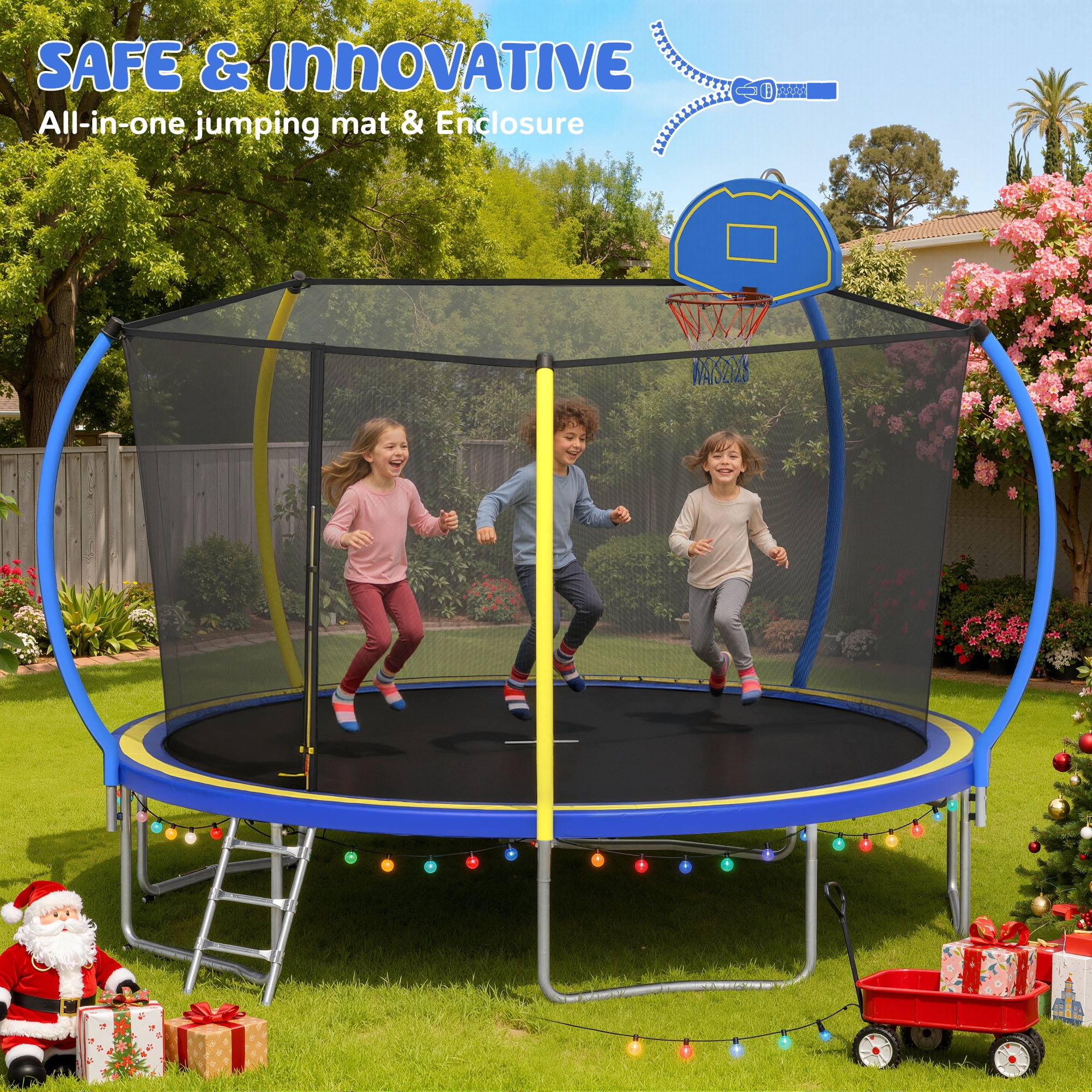 Seizeen 12 ft Round Trampoline with Enclosure Net, Basketball Hoop, Ladder, and Waterproof Cover (Blue, 12 ft) 3k4ac