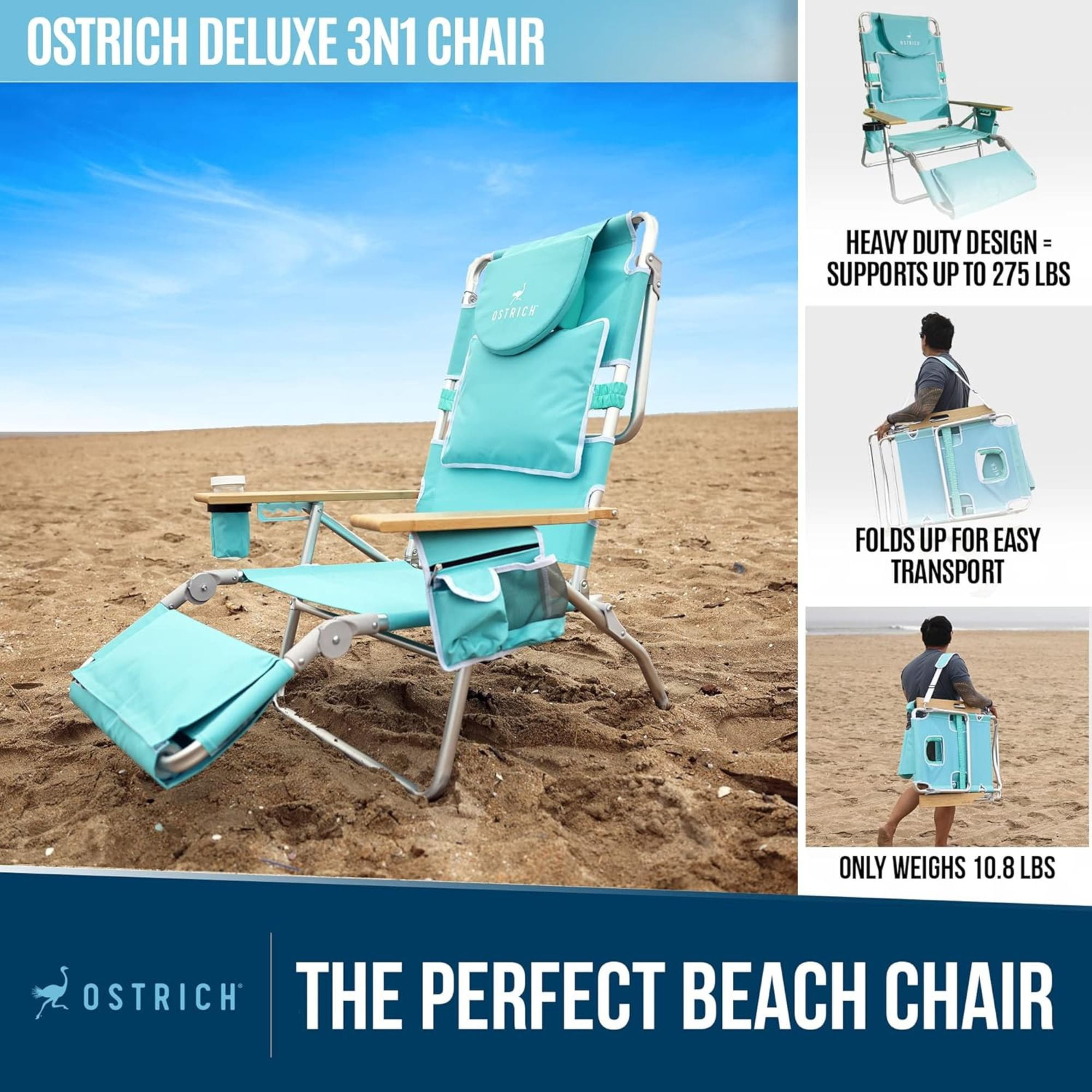 Ostrich Deluxe 3-in-1 Lightweight Outdoor Beach Lounge Chair with Footrest (Aqua, 60.76 in x 28.10 in x 39.73 in) 3px9w