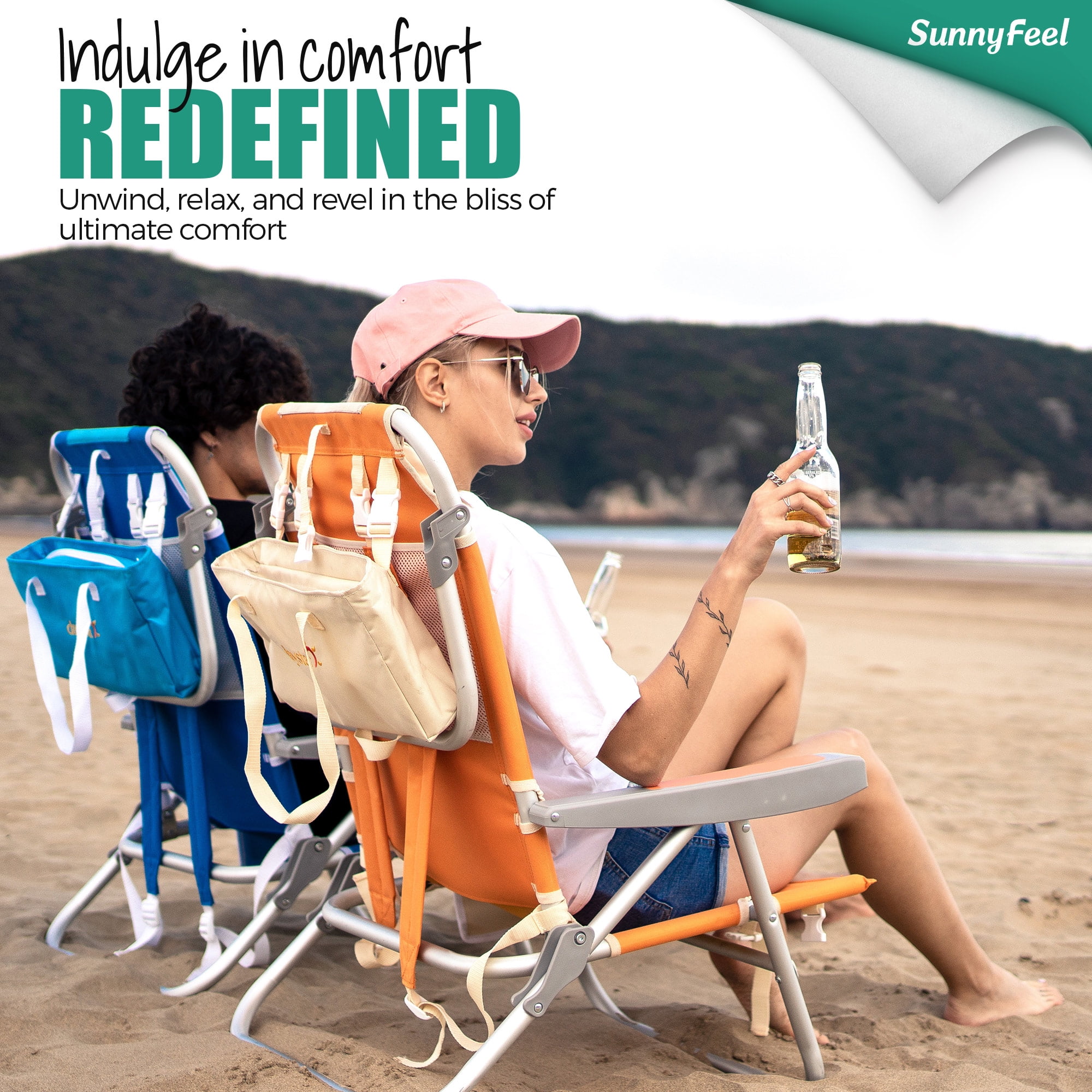 Sunnyfeel Low Beach Chair 5-Position Reclining Folding Backpack Chair with Cooler Bag (Blue, 31.5 in x 21.6 in x 2.6 in) 6ywnf