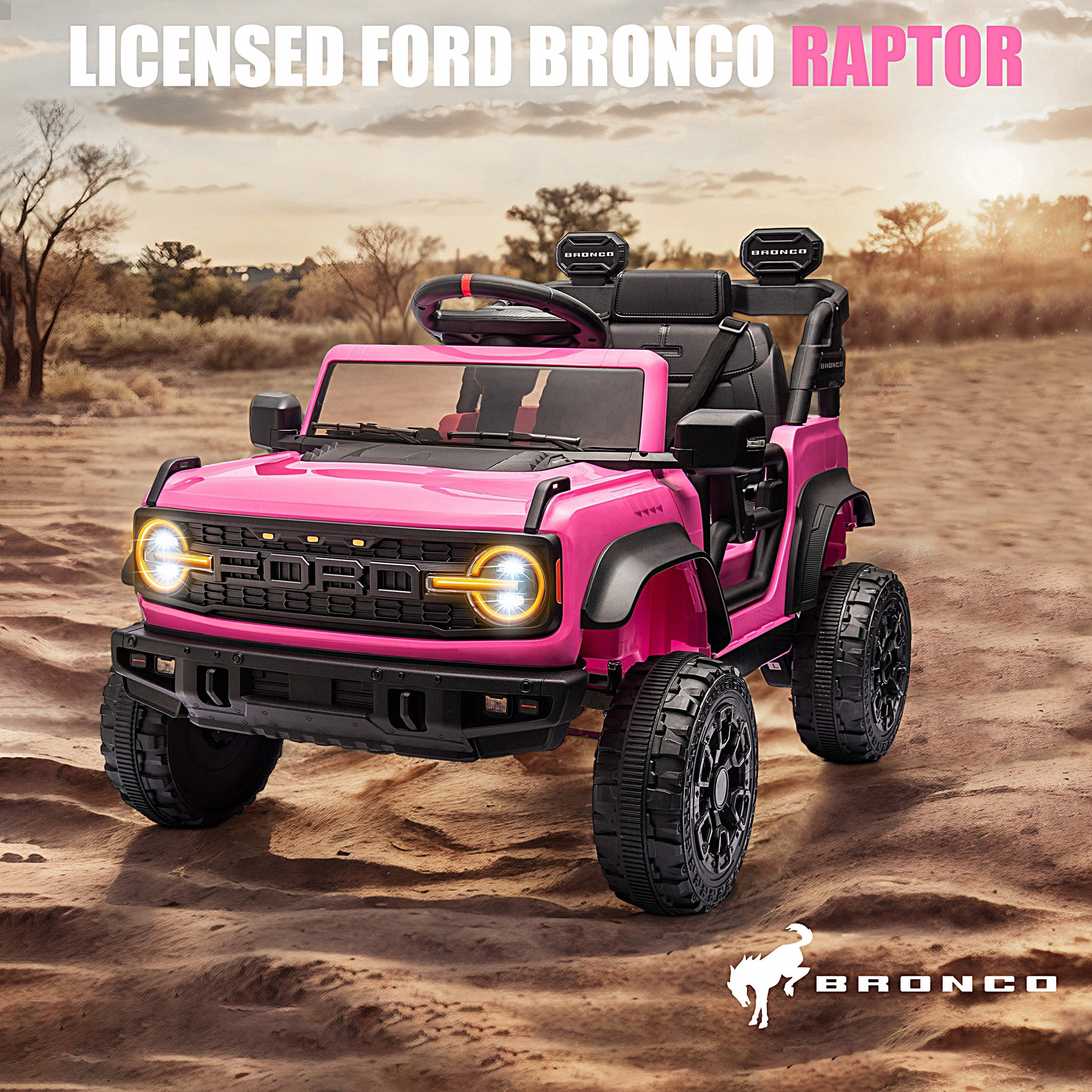 iRerts Ford Bronco Raptor Electric Ride-On Truck with Remote Control (Pink, 12V) 31si2
