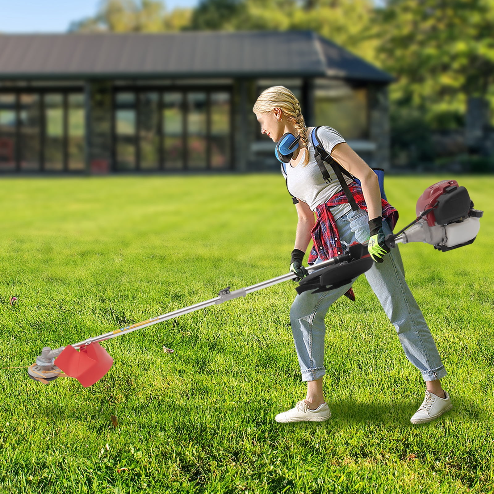 Generic Gas Powered Lawn Edger 35.88CC 4-Stroke String Trimmer with Dual Blade Heads (Red, 35.88CC) 0qjbq
