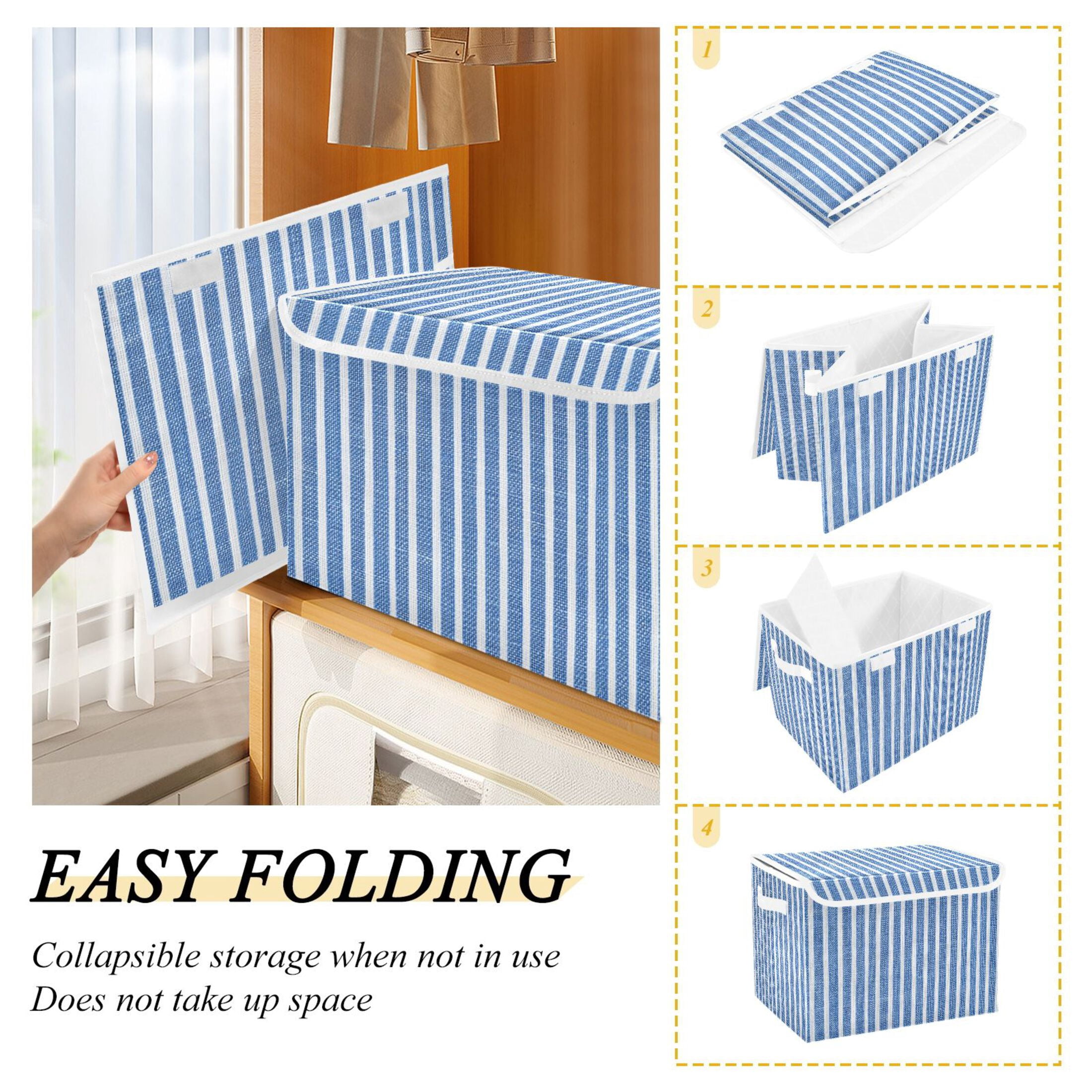Booyaa Striped Fabric Storage Bin with Lid and Handles (Blue and White, 16.5 x 12.6 x 11.8 in) uyxy8