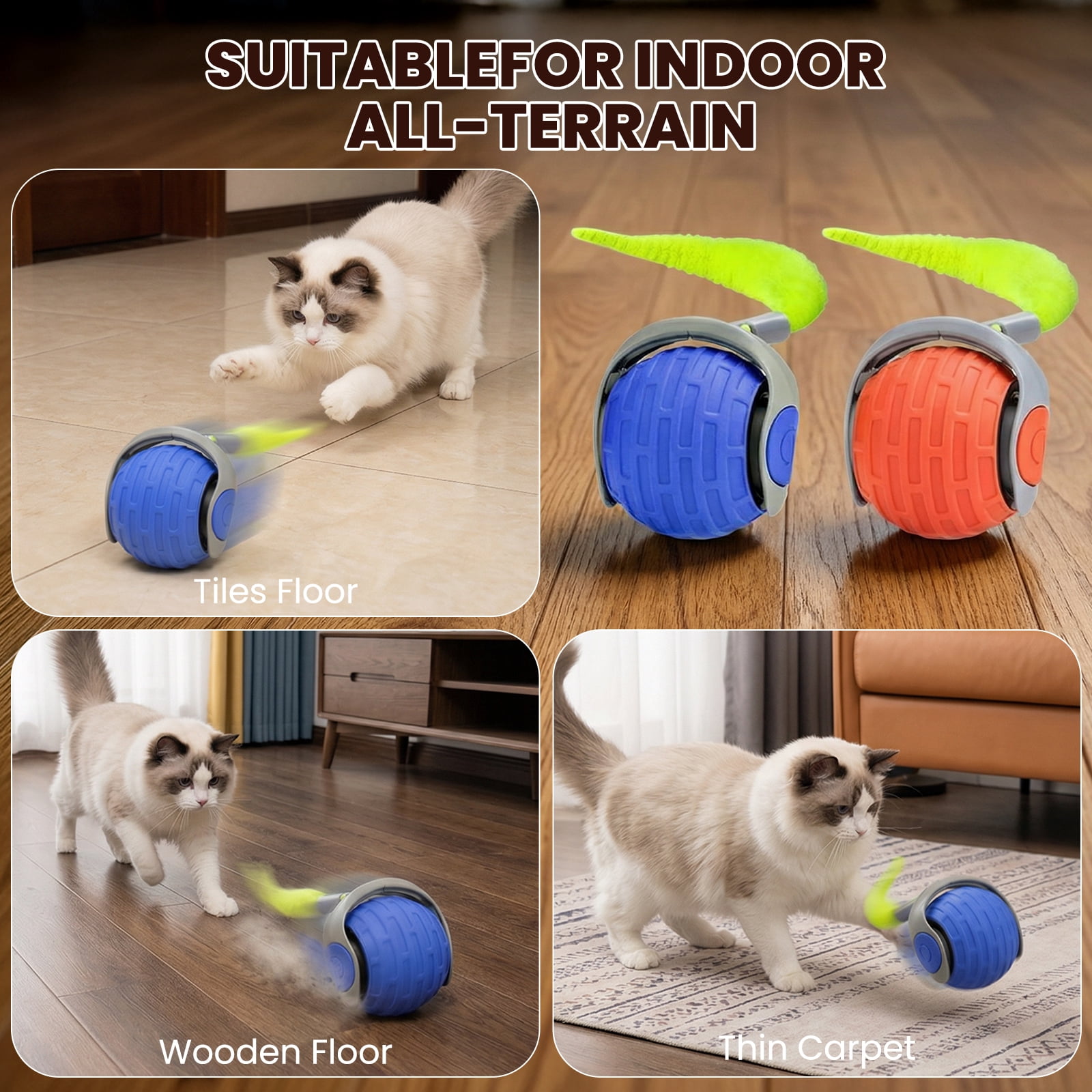 Absoke Interactive Cat Toy Ball with Feather Tails, Automatic Rolling Motion for Indoor Cats (Blue-Orange, 2 Pack) nof74