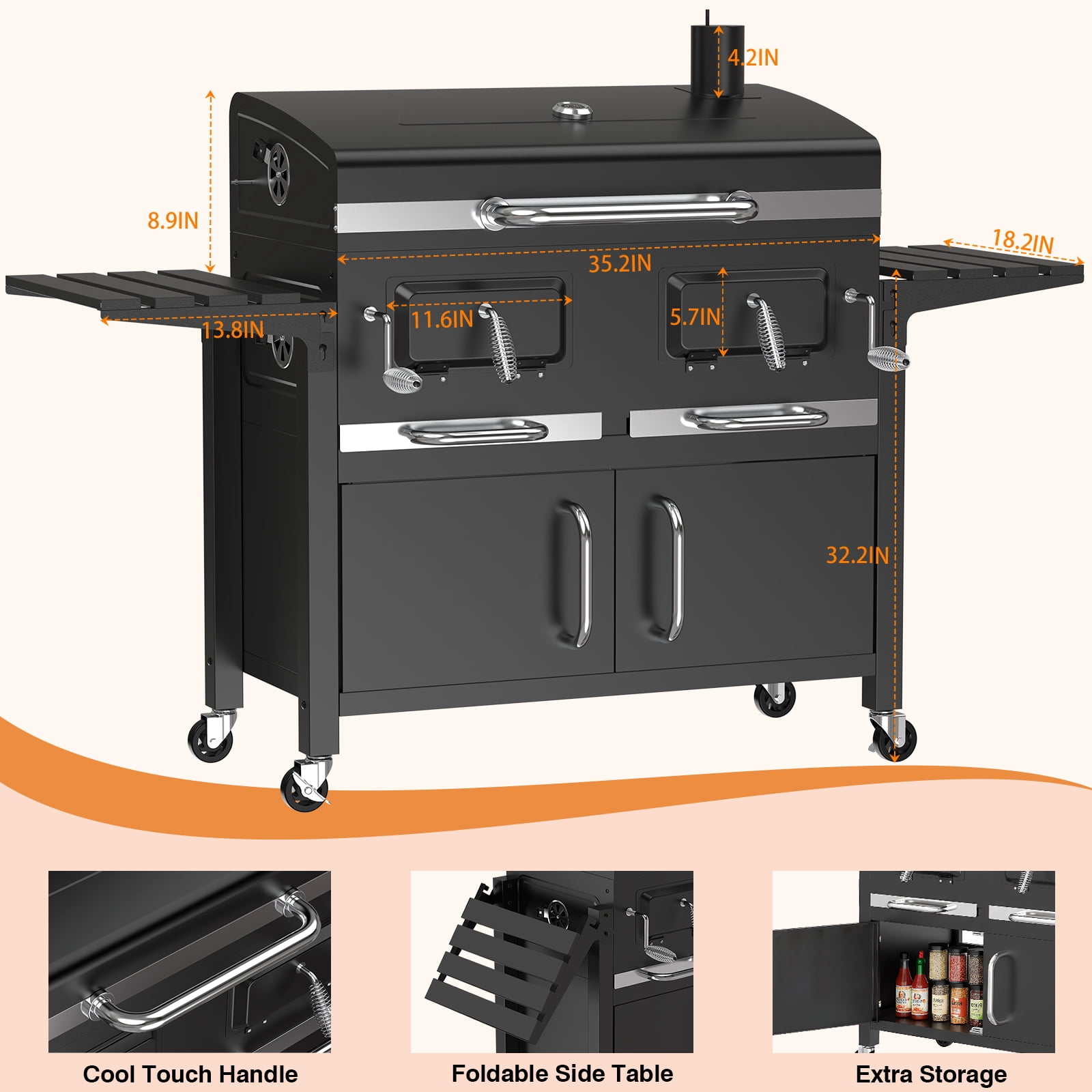 Frizi Charcoal Grill Outdoor BBQ with Dual Adjustable Trays and Foldable Side Tables (Large) vxyb2