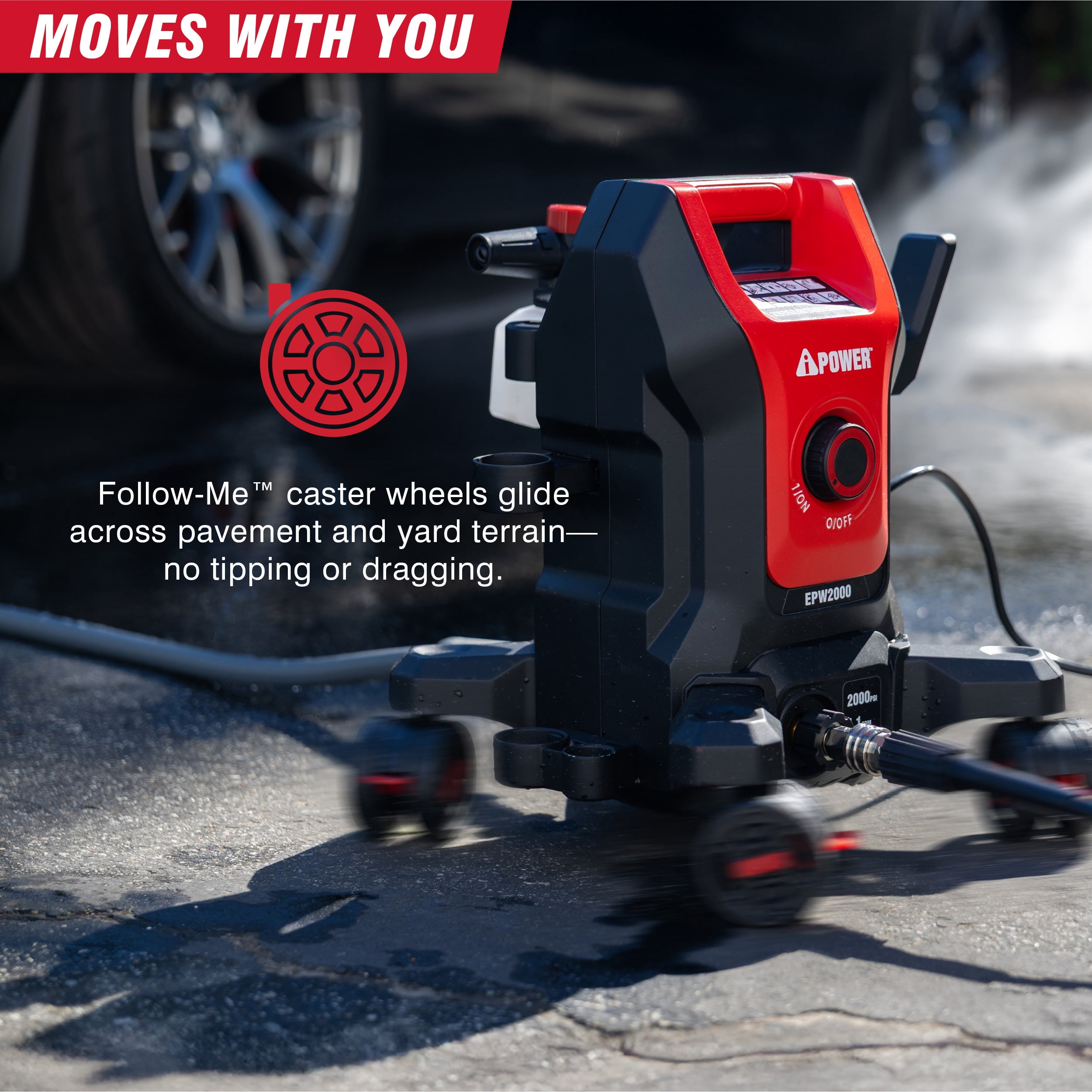 A-iPower E2800-FM Electric Pressure Washer with Follow-Me 4-Wheel Design and 5 Nozzles (2800 PSI, 1.7 GPM) rerev