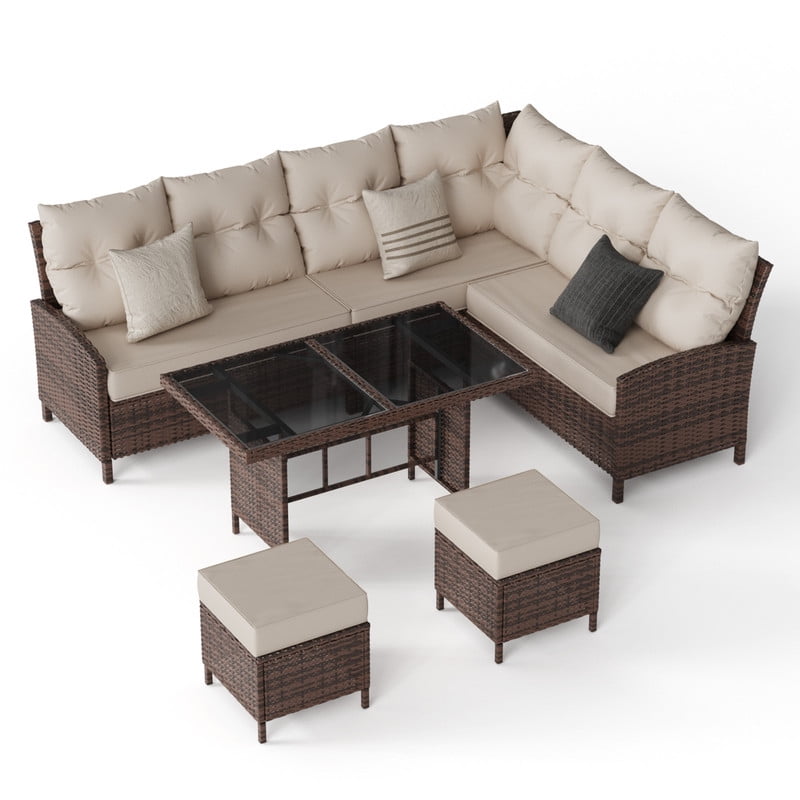 Amopatio 7-Piece Outdoor Patio Furniture Set, All-Weather Rattan Sectional Sofa with Dining Table and Ottomans (Khaki, 7-Piece Set) e1s41