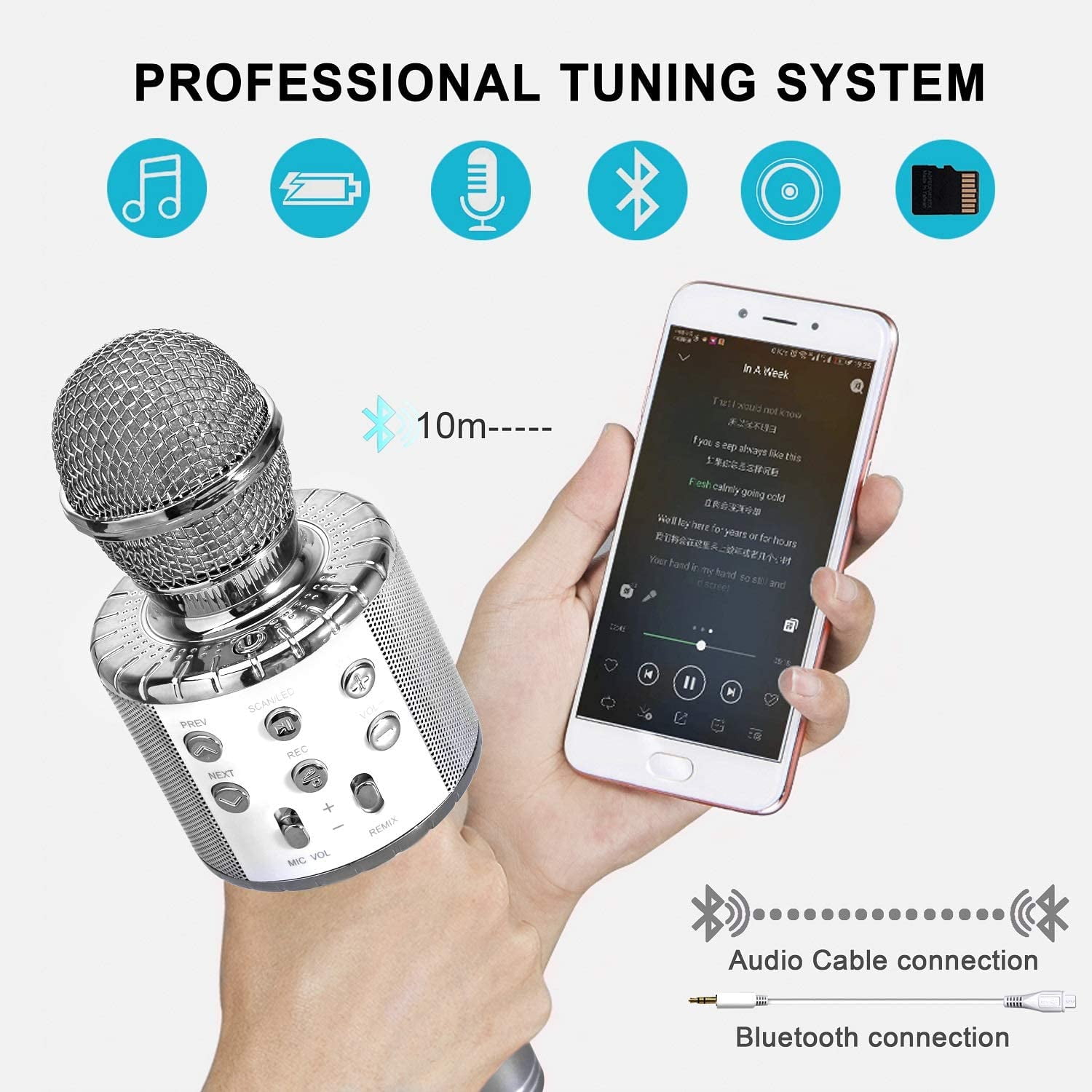GLUAAE Wireless Bluetooth Karaoke Microphone with LED Lights and Echo Control (Silver, 0.66 lb) repgq