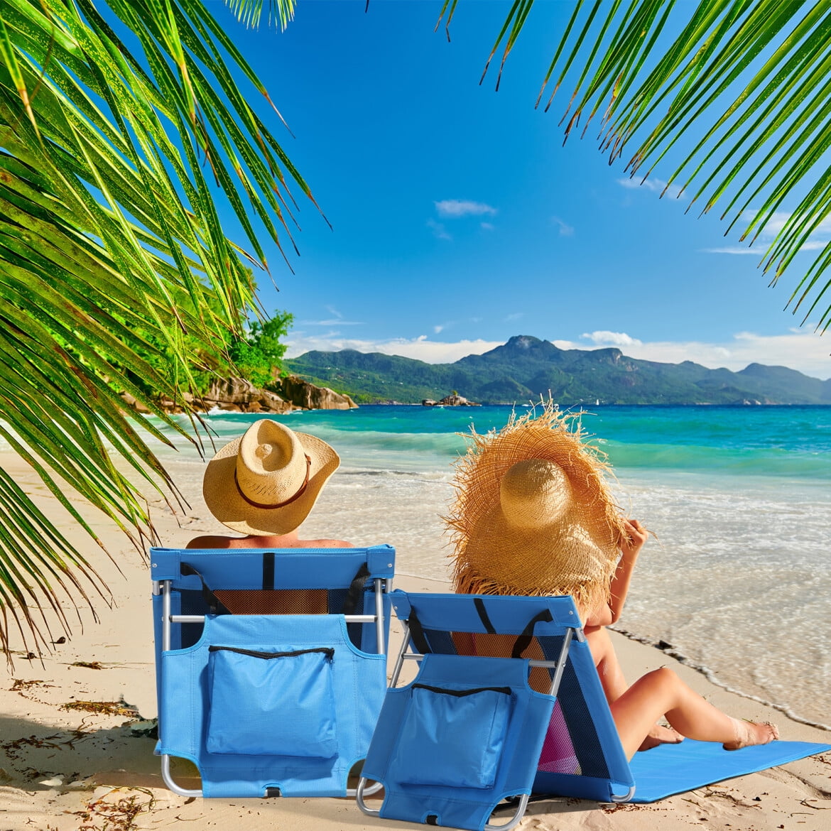 voqoomkl Foldable Beach Lounger Chair with Mesh Back and Cooler Pocket (Blue, 3.3 lb) pijga