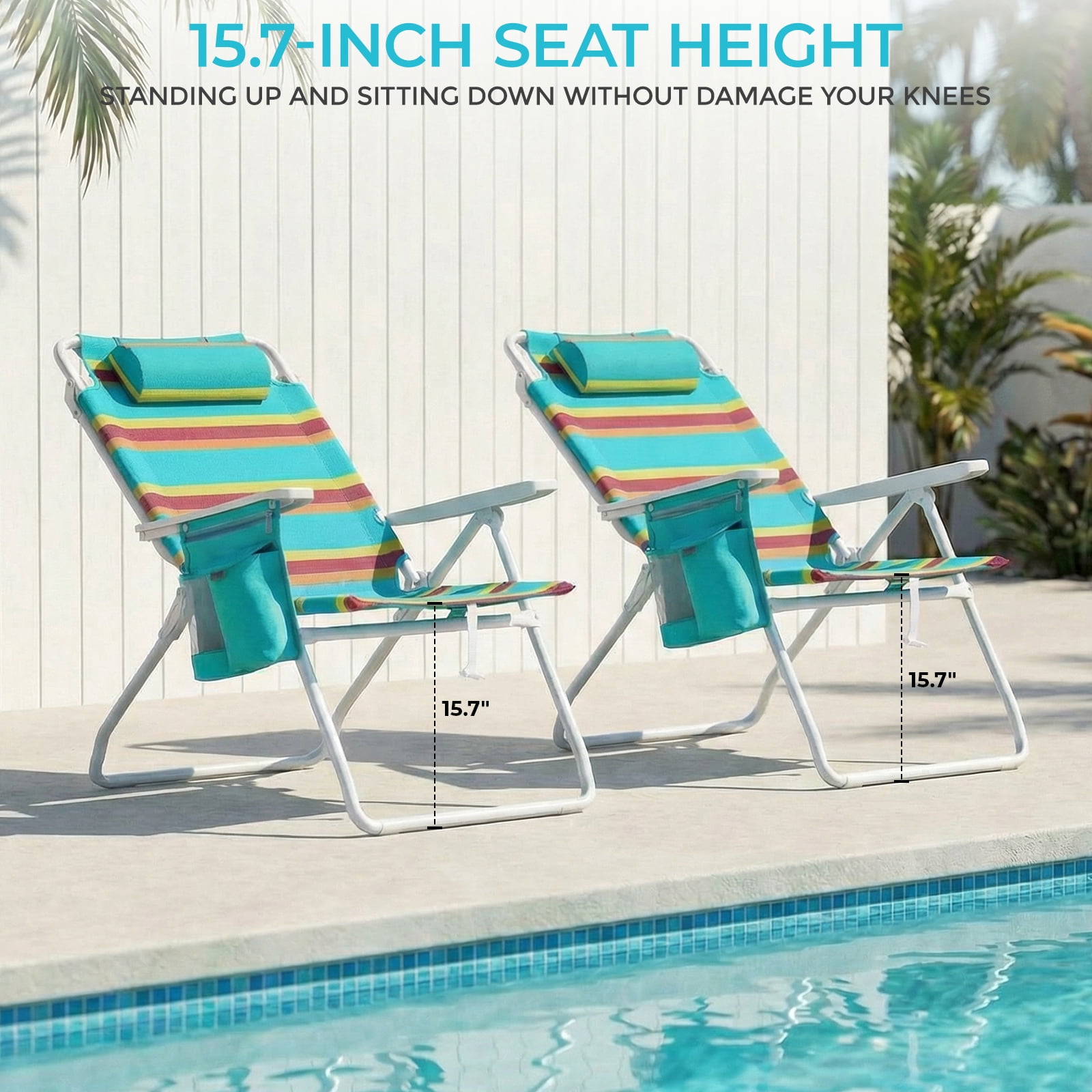 Pirecart Folding Backpack Beach Chairs with 5-Position Recline and Cooler Pouch (Multi-Color Stripes, Set of 2) 8sl2t