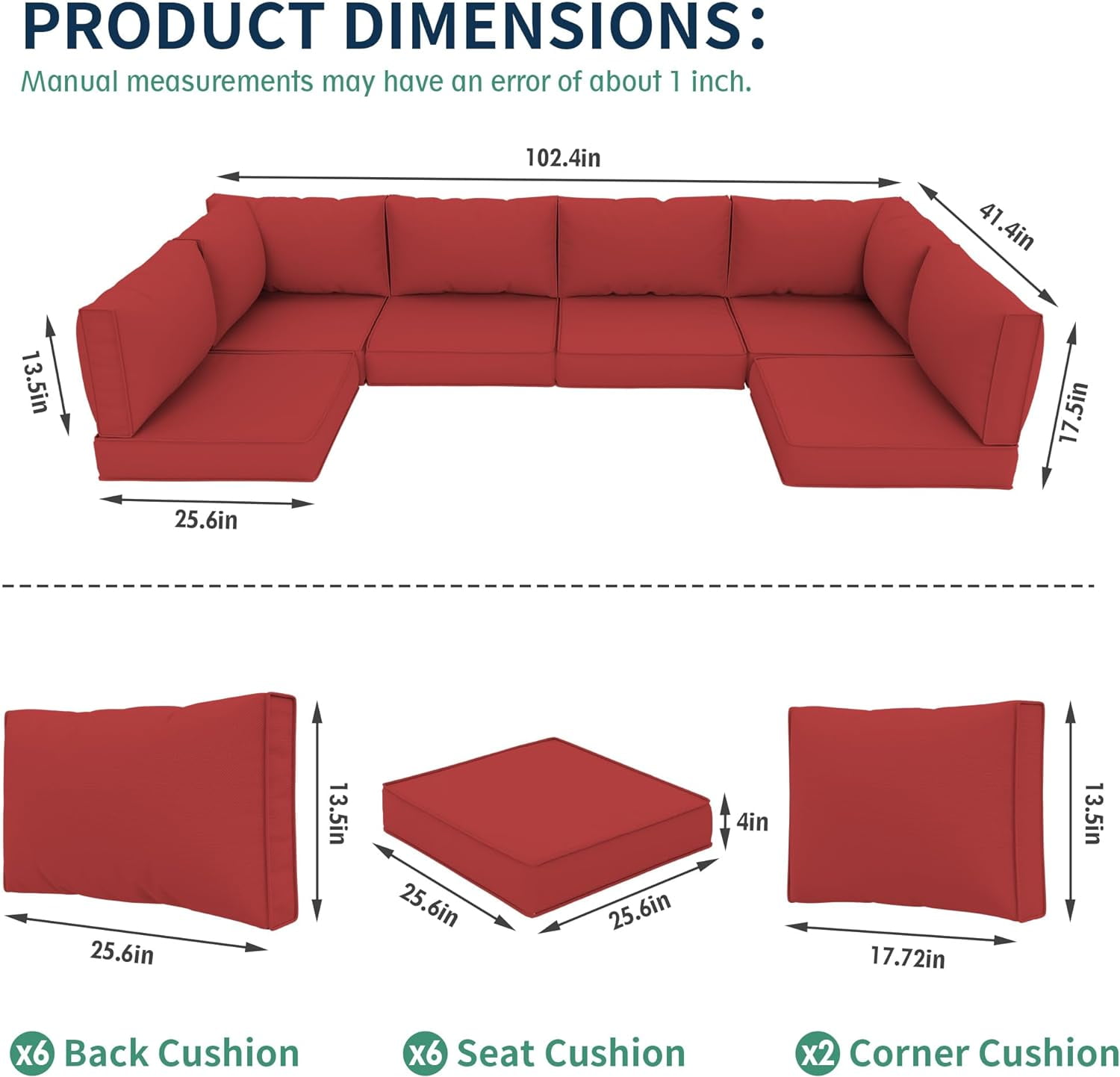 ELPOSUN Outdoor Patio Furniture Replacement Cushions, Deep Seat Sectional Sofa Cushions, Water-Resistant Fabric (Red, 14-Piece Set) px94t