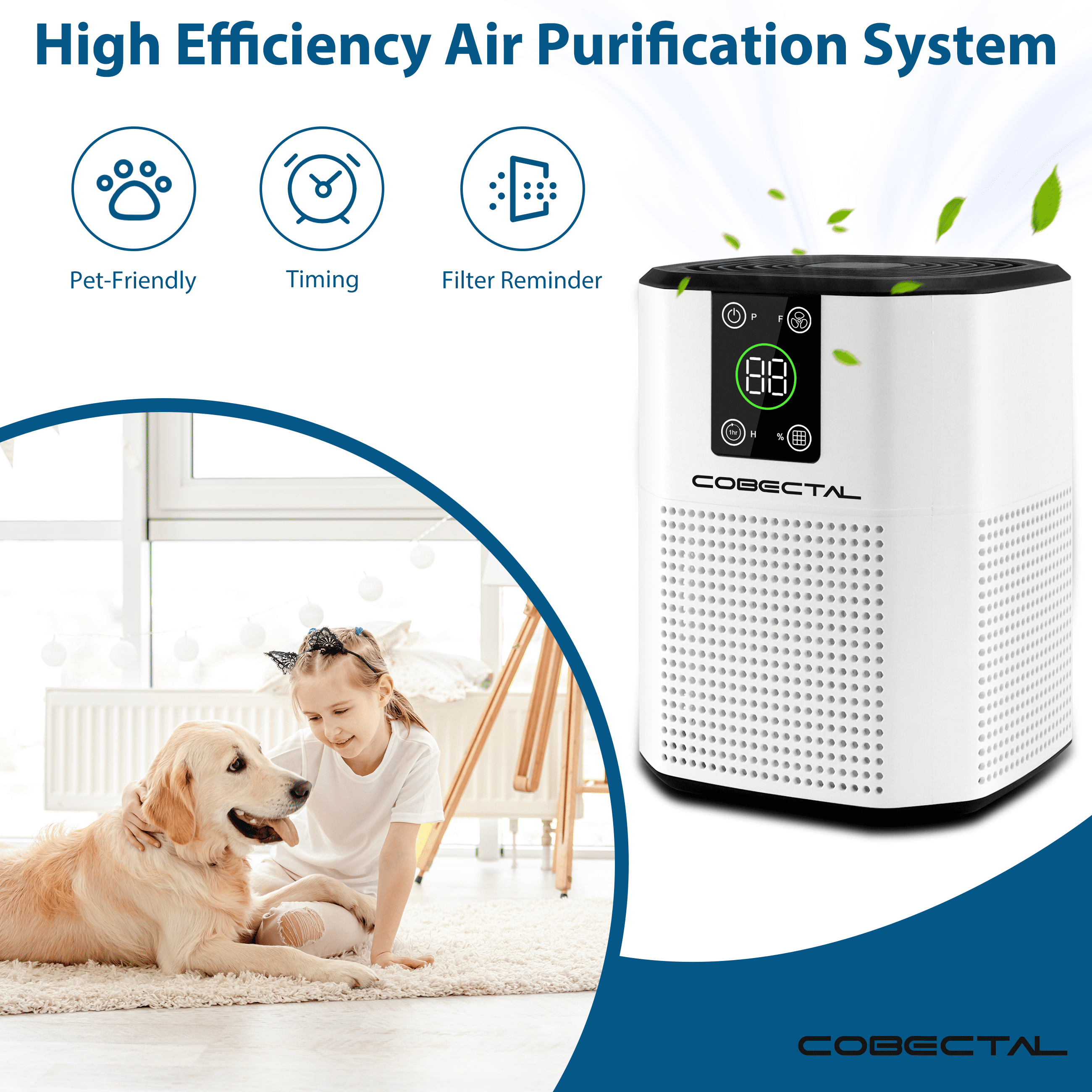 Cobectal HEPA Air Purifier for Home Bedroom with H13 True HEPA Filter (White, 215 Sq. Ft) 785px