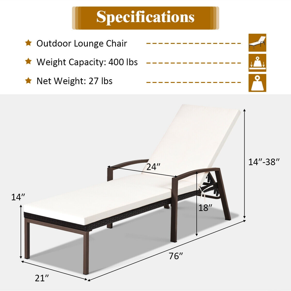 Costway 2-Piece Patio Rattan Lounge Chair Set with Adjustable Backrest and Cushions (Off-White) gvlci