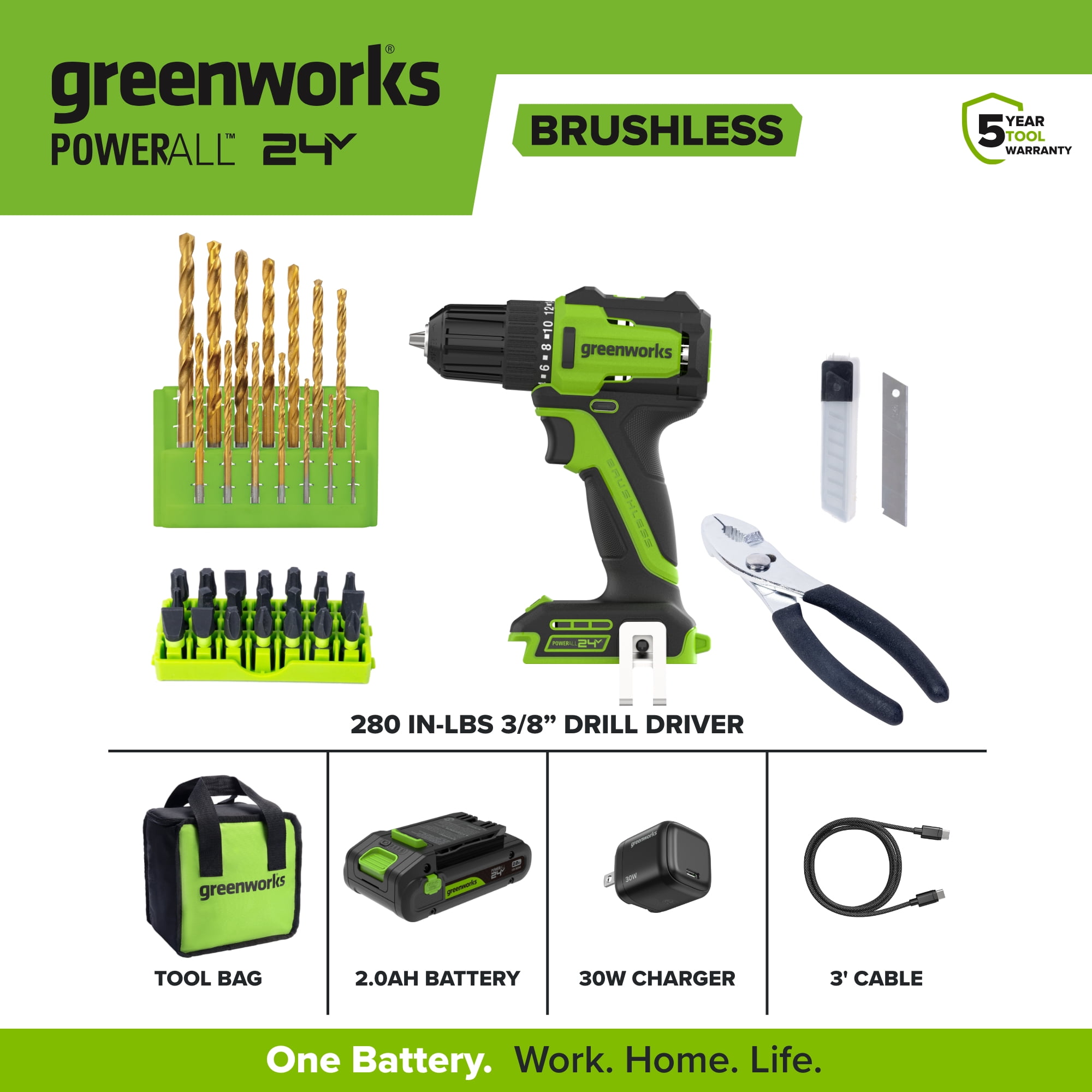 Greenworks 24V Cordless Drill Driver and Hand Tool Project Kit (Green, 1 Kit) jpj0h